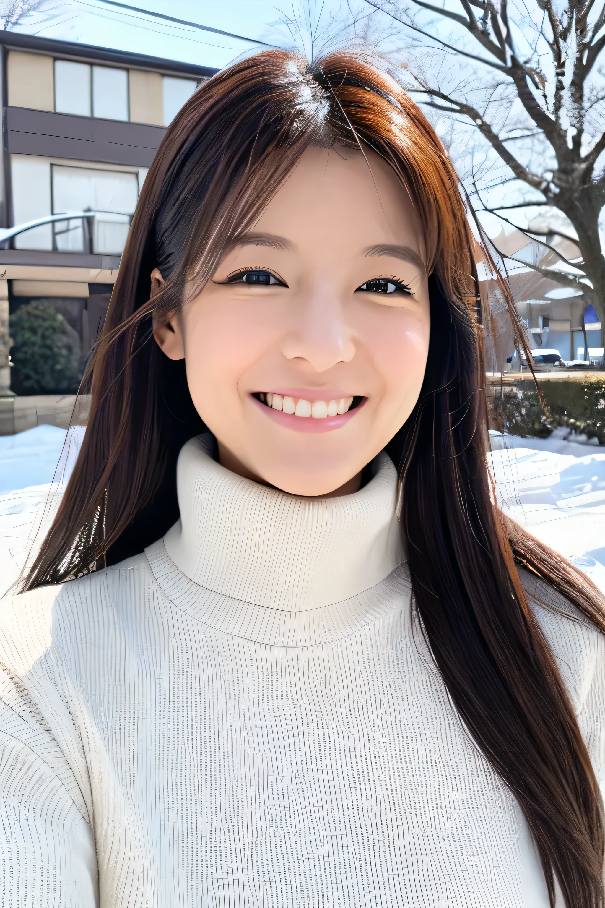 hostess's face、turtleneck wool sweater、high quality、surreal、healthy、smiling face、Slender perfect figure、japan beauty、 perfect eyes、beautiful skin、Upper body、snow town