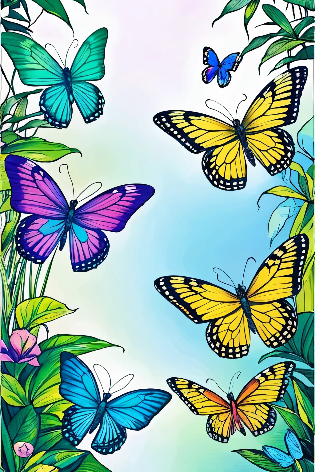 Dive into butterfly coloring pages showcasing an enchanting scene of tropical butterflies in a lush rainforest, their wings adorned with iridescent hues, surrounded by dense foliage and cascading waterfalls, mist enveloping the air adding a dreamlike quality, conveying a sense of exotic beauty and mystery, Digital illustration, using a graphics tablet and stylus