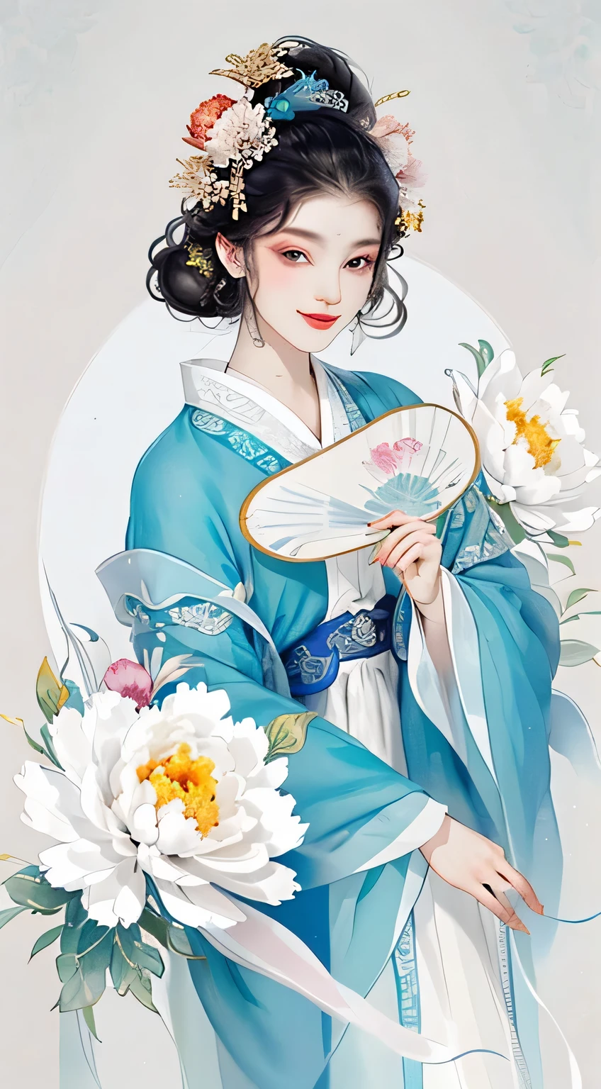 A cheerful elegant 16 years old ancient Chinese beauty, wearing ancient Chinese clothing, pastel-colored clothes, hand holding fan, lazy pose, flowing tulle, light bright color silk, big peony leaf, peony flower, ink painting style, clean color, decisive cut, blank space, masterpiece, super detailed , epic composition, bright background