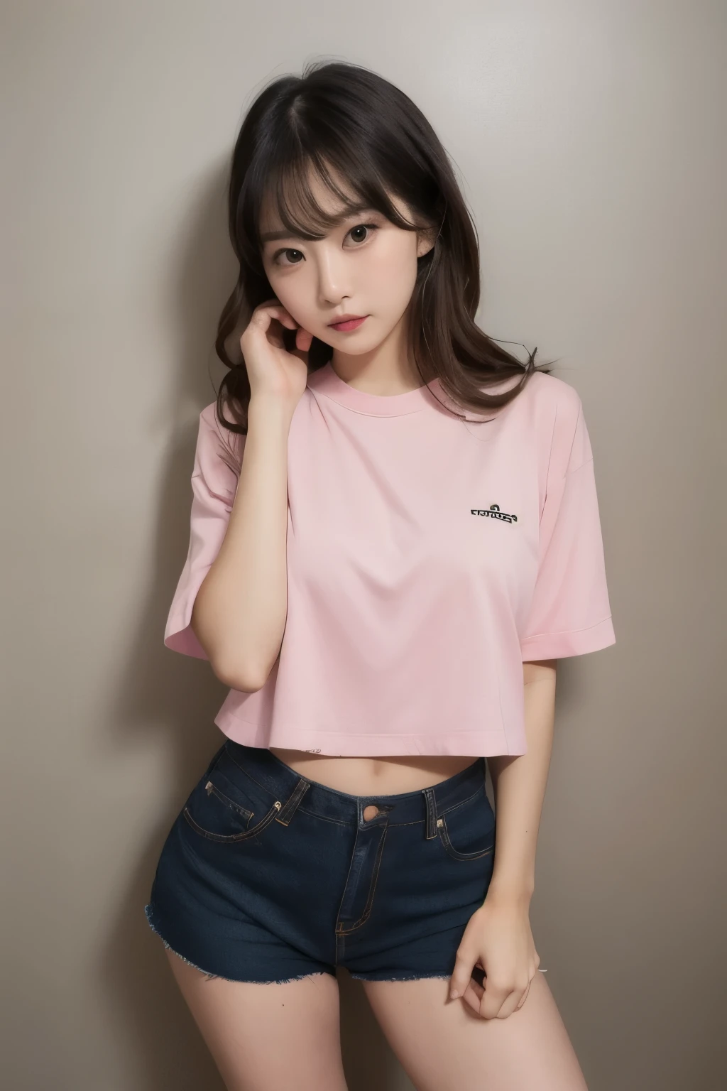 ((highest quality, 8K, masterpiece: 1.3)), sharp focus: 1.5, The beauty of fluorescent tops, shorts, Gorgeous gravure idol, pink eyeliner under the eyes,