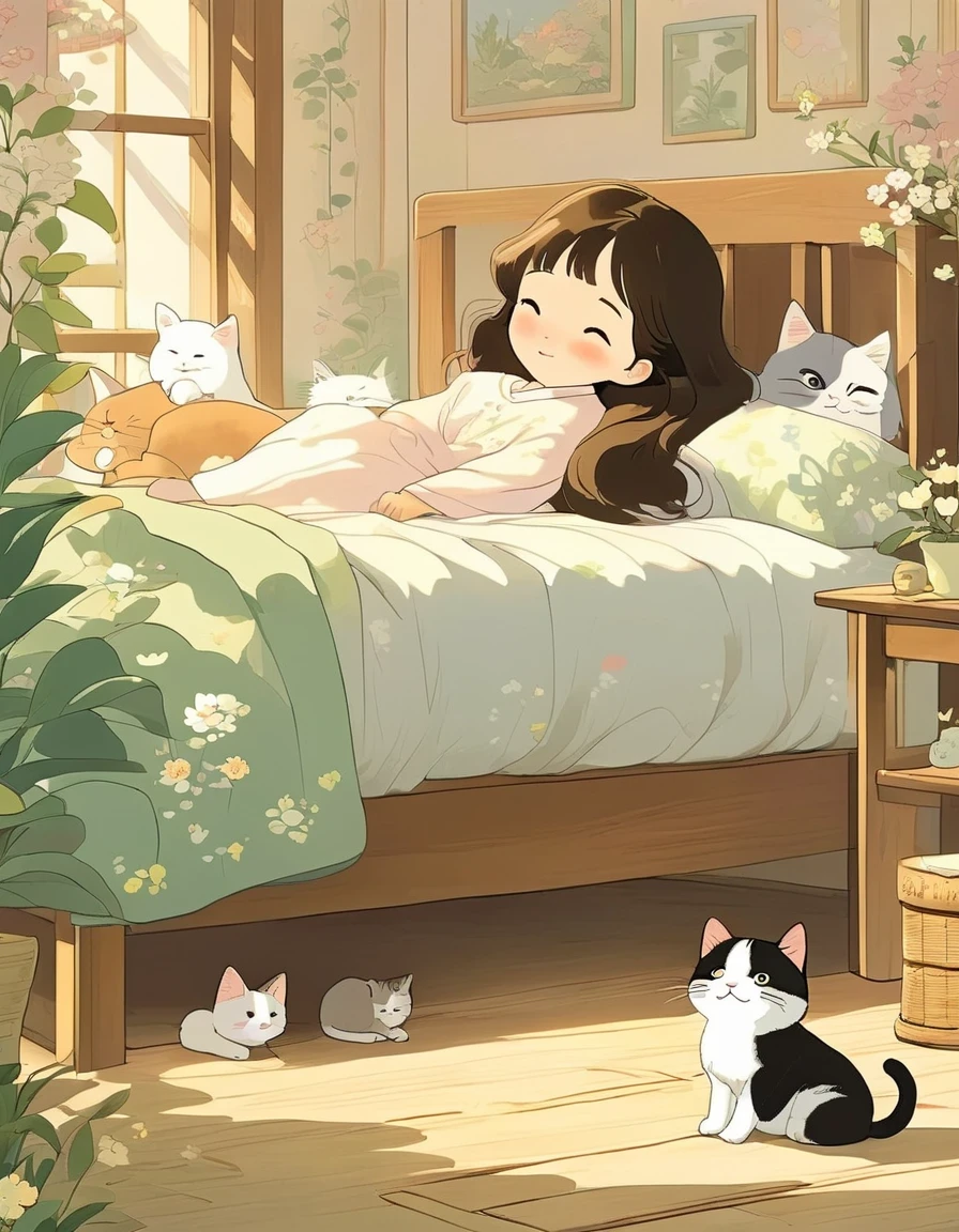 A Studio Ghibli style illustration of a little brunette girl lying on the edge of her bed. Beside her are two black and white cats. The background wooden furniture is decorated to capture the essence of spring.