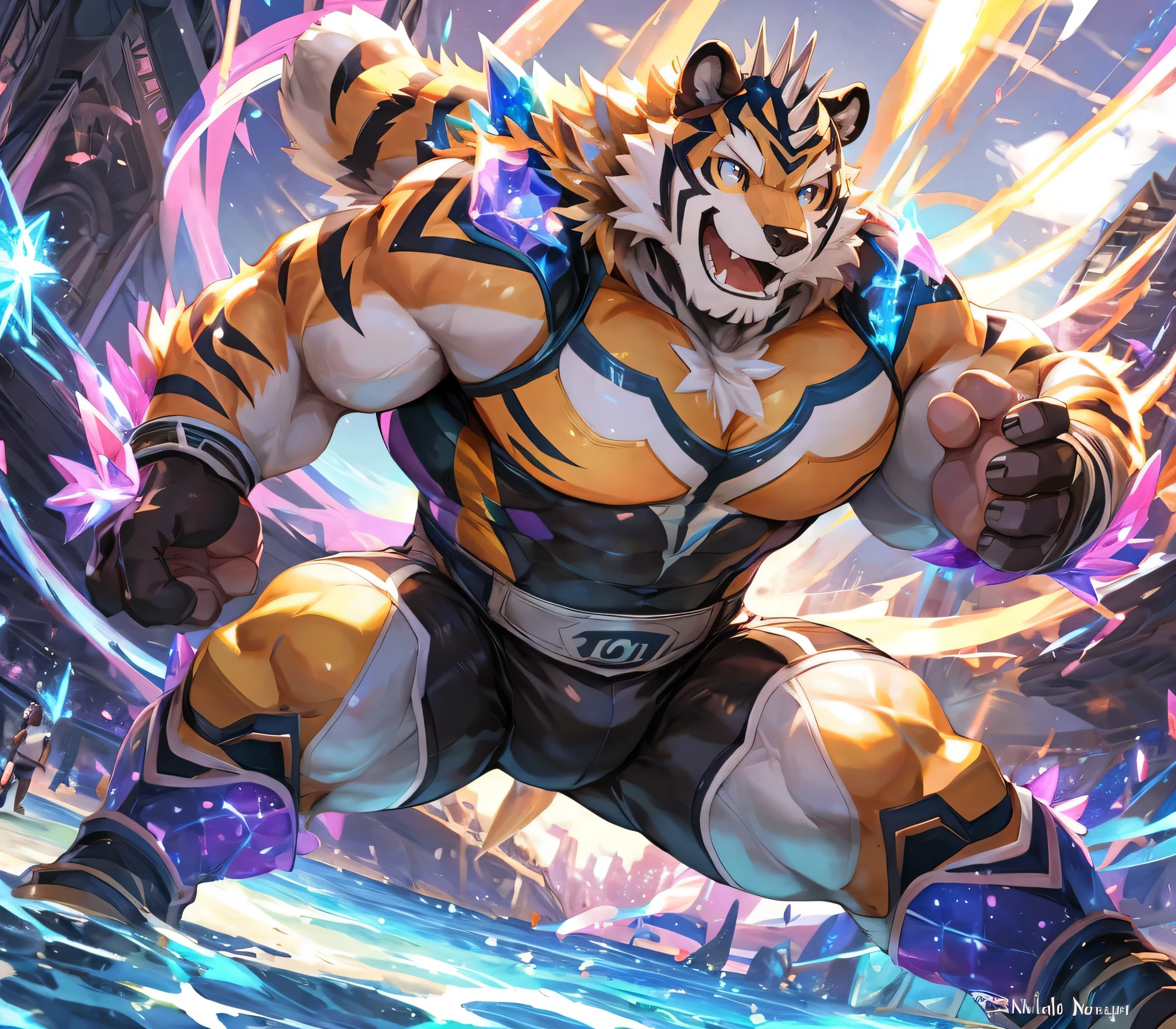 masterpiece,high quality,anime,detailed eyes,furry male White Tiger, Ryekie, Great physique,strong arms manly, in Academy, Playing Volleyball, Gymansium, Sport suit, (Rainbow Spark), Shimmering Magic crystal, Joyful, by null-ghost,by pino daeni