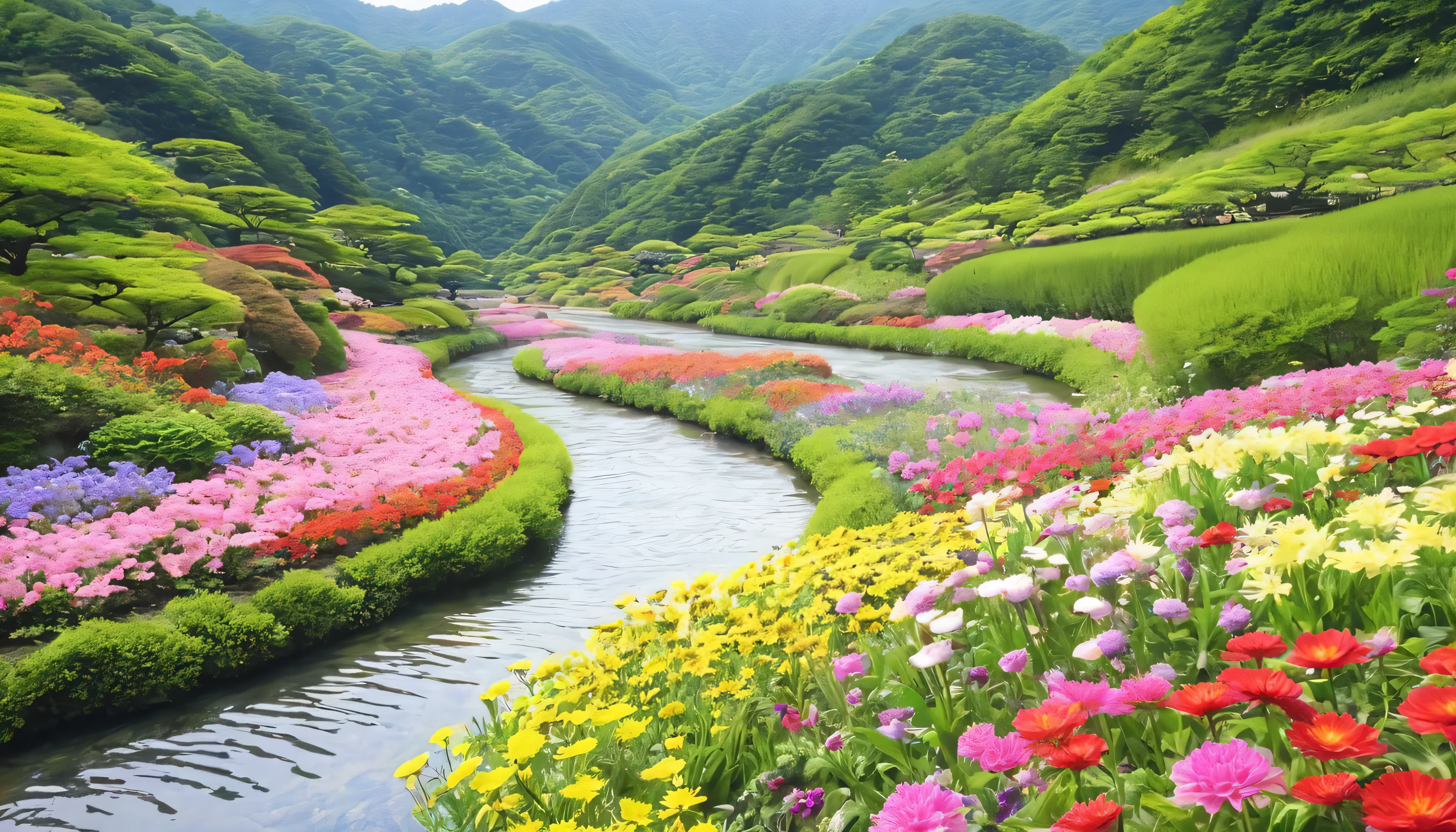 Japanese river and flower garden background、Rich in nature、various flower fields、Nodoka、A variety of colors、hill