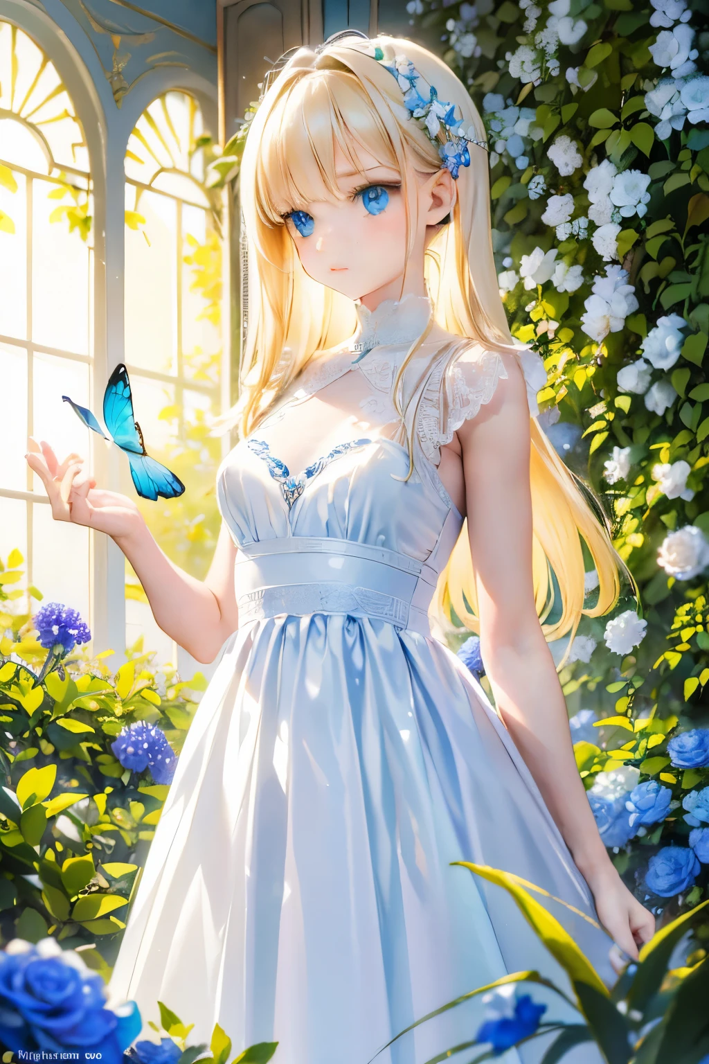 A girl with flowing golden hair and mesmerizing blue eyes, wearing an elegant white dress, standing in the midst of a vibrant garden filled with blooming flowers and lush greenery. The sunlight gently illuminates her delicate features, casting a soft glow on her flawless skin. She holds a delicate butterfly in her hand, while a gentle breeze swirls around her, causing the flowers to dance in harmony. The scene is captured in a breathtaking oil painting, with every detail meticulously crafted to create a masterpiece. The colors are vibrant and vivid, with a hint of ethereal pastel tones, giving the artwork a dreamlike quality. The lighting is soft and diffused, creating a serene and tranquil ambiance. The high-resolution image showcases the artist's impeccable skill, capturing every intricate detail with precision. The overall atmosphere exudes a sense of beauty, grace, and enchantment. The artwork is reminiscent of classical portraits, with a touch of fantasy and whimsy, evoking emotions of wonder and awe.