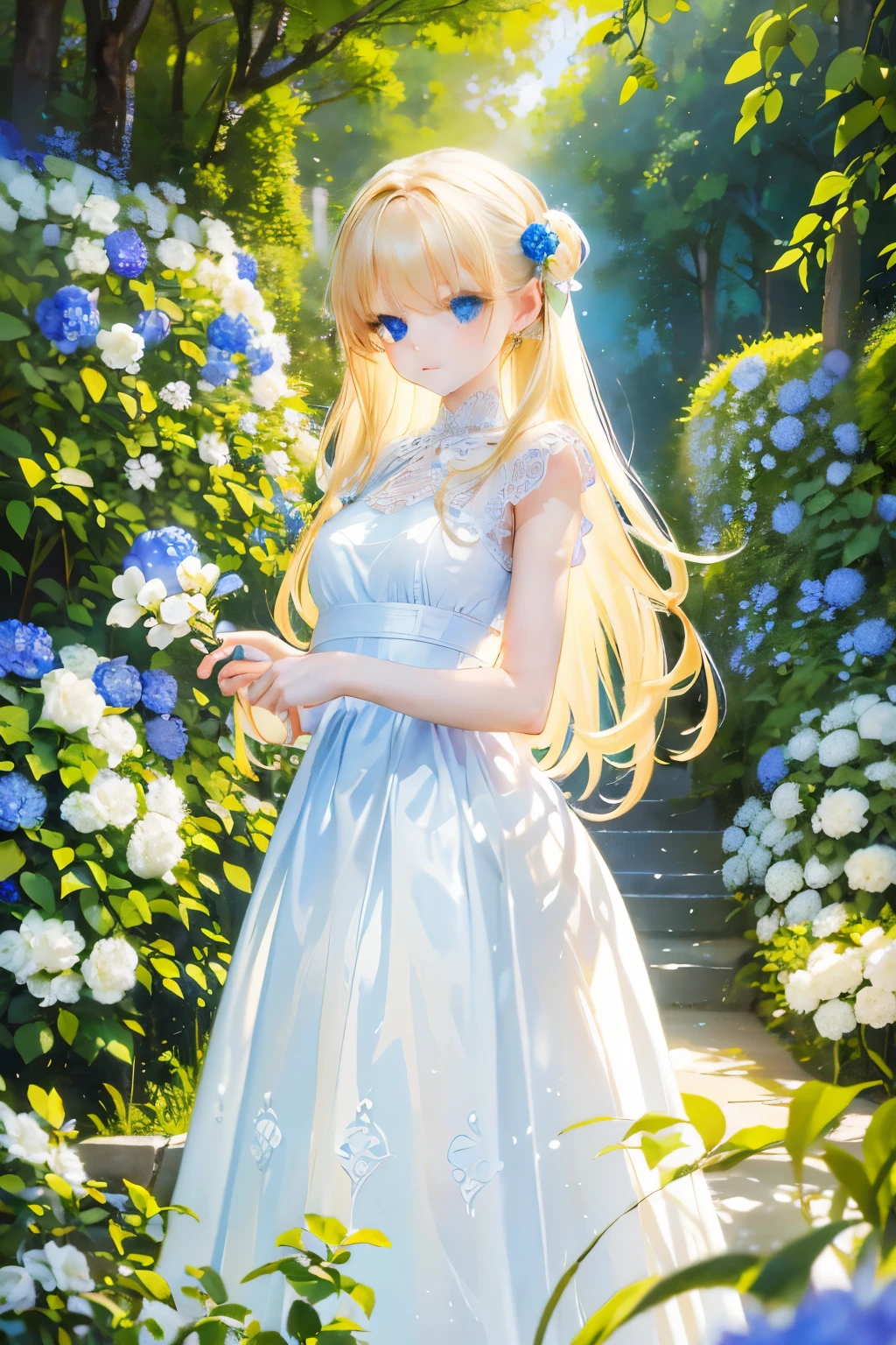 A girl with flowing golden hair and mesmerizing blue eyes, wearing an elegant white dress, standing in the midst of a vibrant garden filled with blooming flowers and lush greenery. The sunlight gently illuminates her delicate features, casting a soft glow on her flawless skin. She holds a delicate butterfly in her hand, while a gentle breeze swirls around her, causing the flowers to dance in harmony. The scene is captured in a breathtaking oil painting, with every detail meticulously crafted to create a masterpiece. The colors are vibrant and vivid, with a hint of ethereal pastel tones, giving the artwork a dreamlike quality. The lighting is soft and diffused, creating a serene and tranquil ambiance. The high-resolution image showcases the artist's impeccable skill, capturing every intricate detail with precision. The overall atmosphere exudes a sense of beauty, grace, and enchantment. The artwork is reminiscent of classical portraits, with a touch of fantasy and whimsy, evoking emotions of wonder and awe.