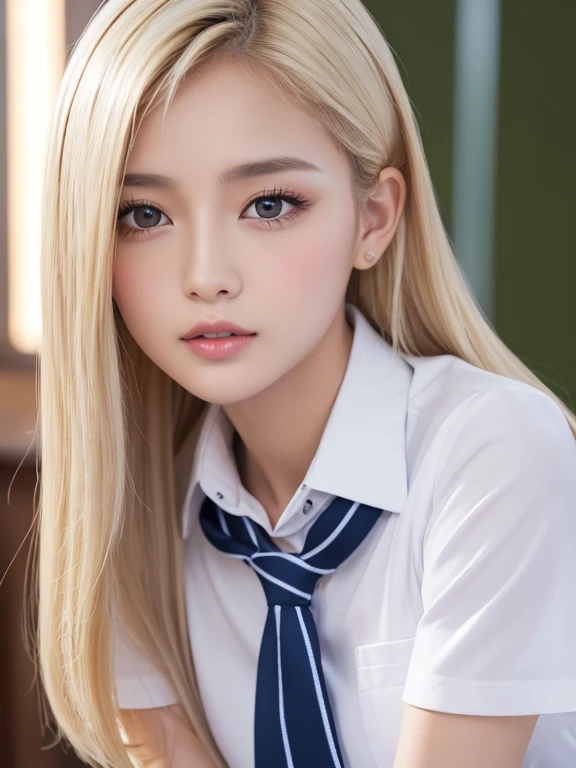 (table top:1.4, Photoreal:1.4, 8K), highest quality, masterpiece, ultra high resolution, perfect dynamic composition, big face、round face、((platinum blonde, long hair, curl inside hair))、Highly detailed skin and facial textures:1.3, Detail of limbs, 1 girl, Cute sexy 22 year old woman, (sunburn:1.2), ((completely enchants you:0.9)), ((school uniform, white collared short sleeve shirt, Striped tie)),Medium chest, (distant eyes, beautiful eyes, brown eyes、Eyes that feel beautiful eros:0.85), sexy face:0.4, (closed mouth、small mouth、thick lips、A taste of beautiful eroticism:0.85), ((Too cute beauty:0.9))、gal makeup、((extreme close up))