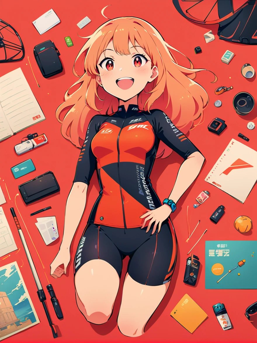 Asian face young girl,laughing expressin,Perfect body,road bike clothing,gear and
accessories,knolling layout organized on a table,person,knolling, Cartoon, pure red background