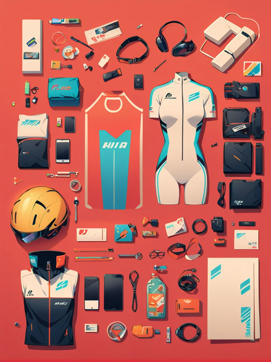 Asian face young girl,laughing expressin,Perfect body,road bike clothing,gear and
accessories,knolling layout organized on a table,person,knolling, Cartoon, pure red background