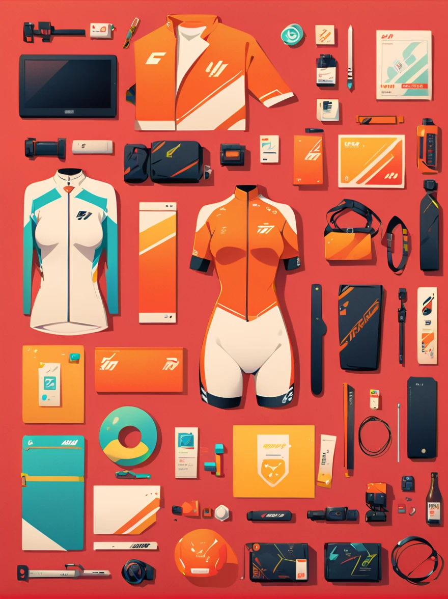 Asian face young girl,laughing expressin,Perfect body,road bike clothing,gear and
accessories,knolling layout organized on a table,person,knolling, Cartoon, pure red background