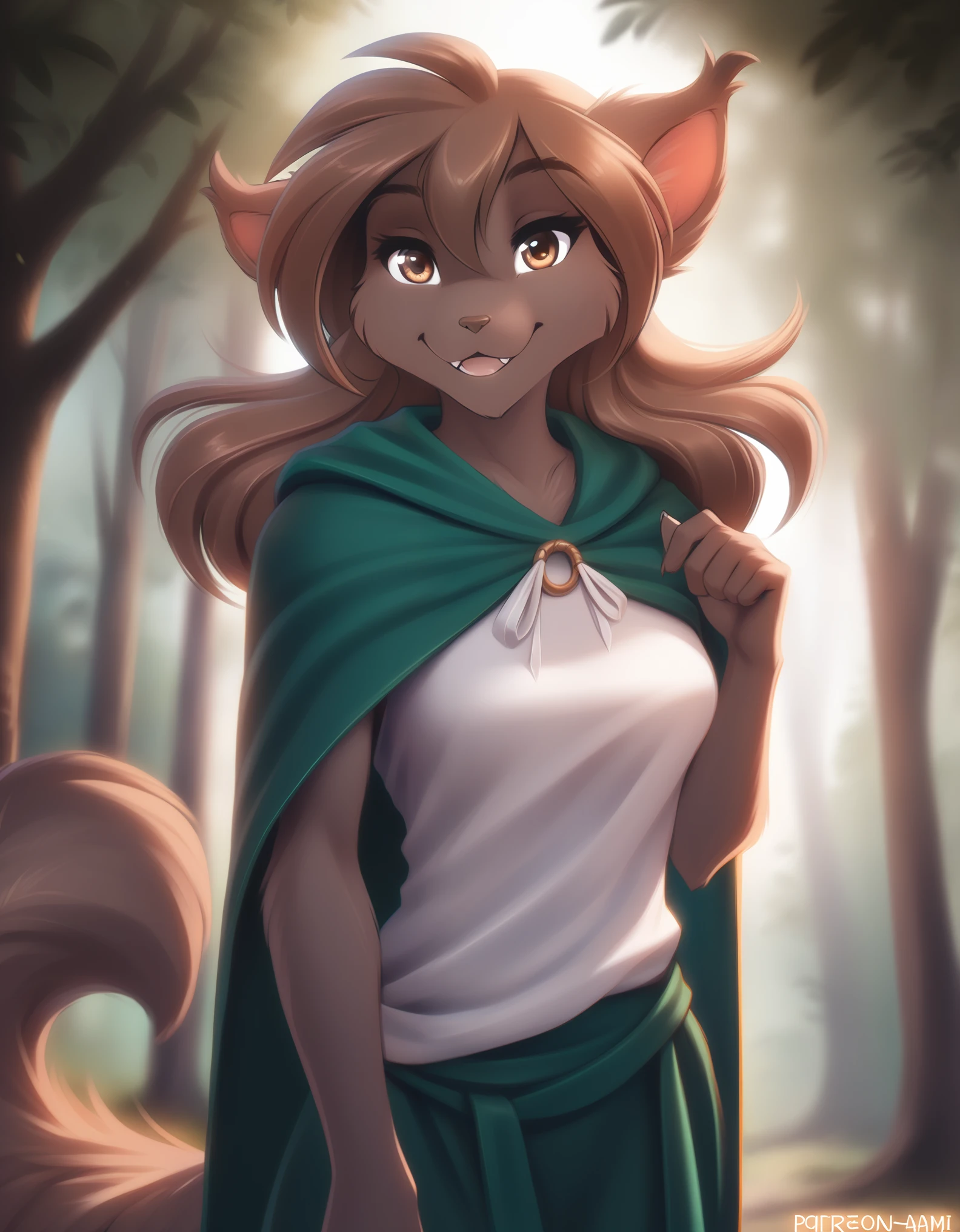 solo, tknanie, keidran, mammal, pantherine, natani_(twokinds), natani twokinds, twokinds, personalami, rating:safe, anthro, by tom_fischbach,, (best quality, masterpiece:1), solo, furry famale anthro,  brown fur, brown hair, brown eyes, female, breasts, adult, looking at viewer, tail, (outdoors dark forest trees blurry blurred background:1.1), green cape, 