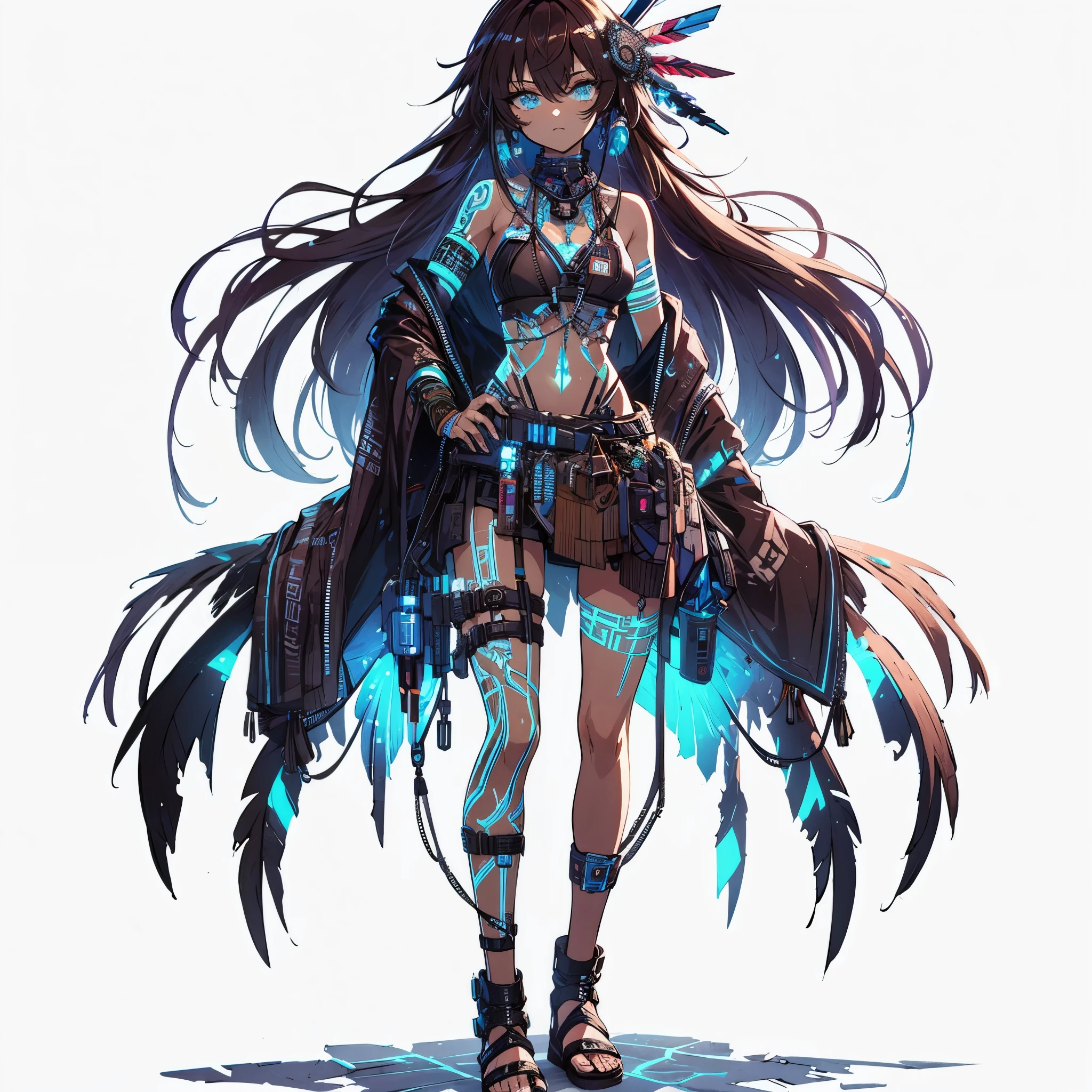 (Masterpiece, best quality), (perfect athlete body: 1.2), (detailed hair), super detailed, anime style, full body, Cyberpunk Witch Doctor Girl, dark brown hair and brown skin, glowing neon blue eyes and full body neon light tattoos, dressed in native American ethnic costume, wearing sandals, standing in wasteland, digital painting, 8K high resolution, art station trend, white background, whole body,