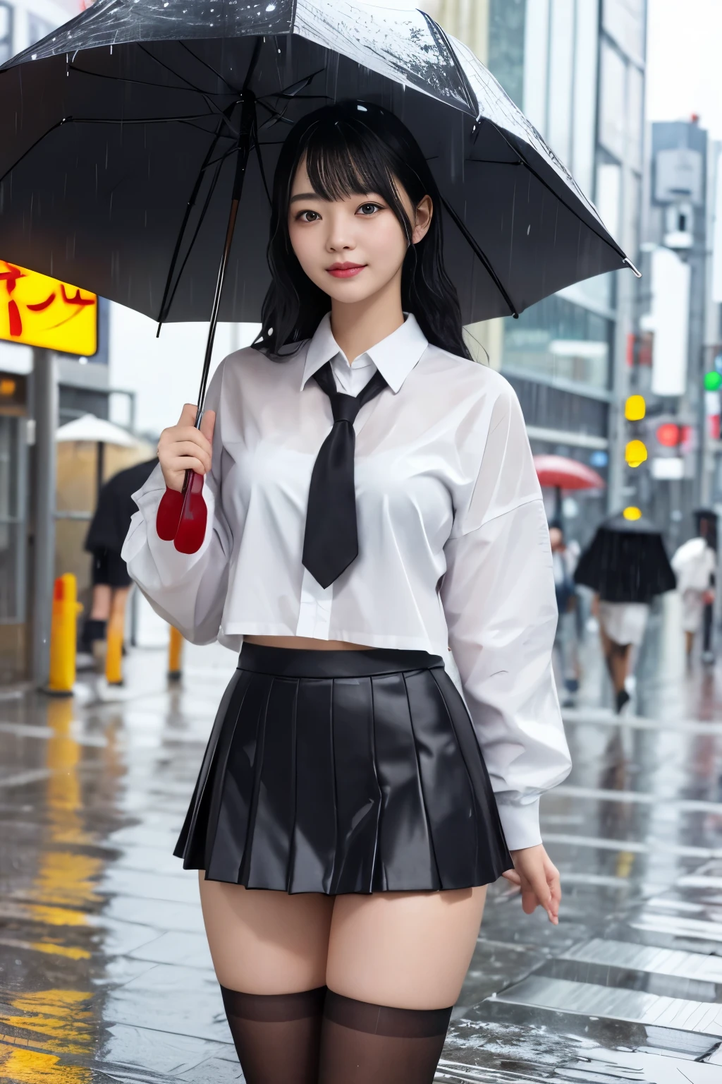 masterpiece、highest quality、girl 1、Super detailed　black hair　Wet Japan  uniform、skirt、underwear　soft thighs　rainy city、city where it rains、Basking in the rain