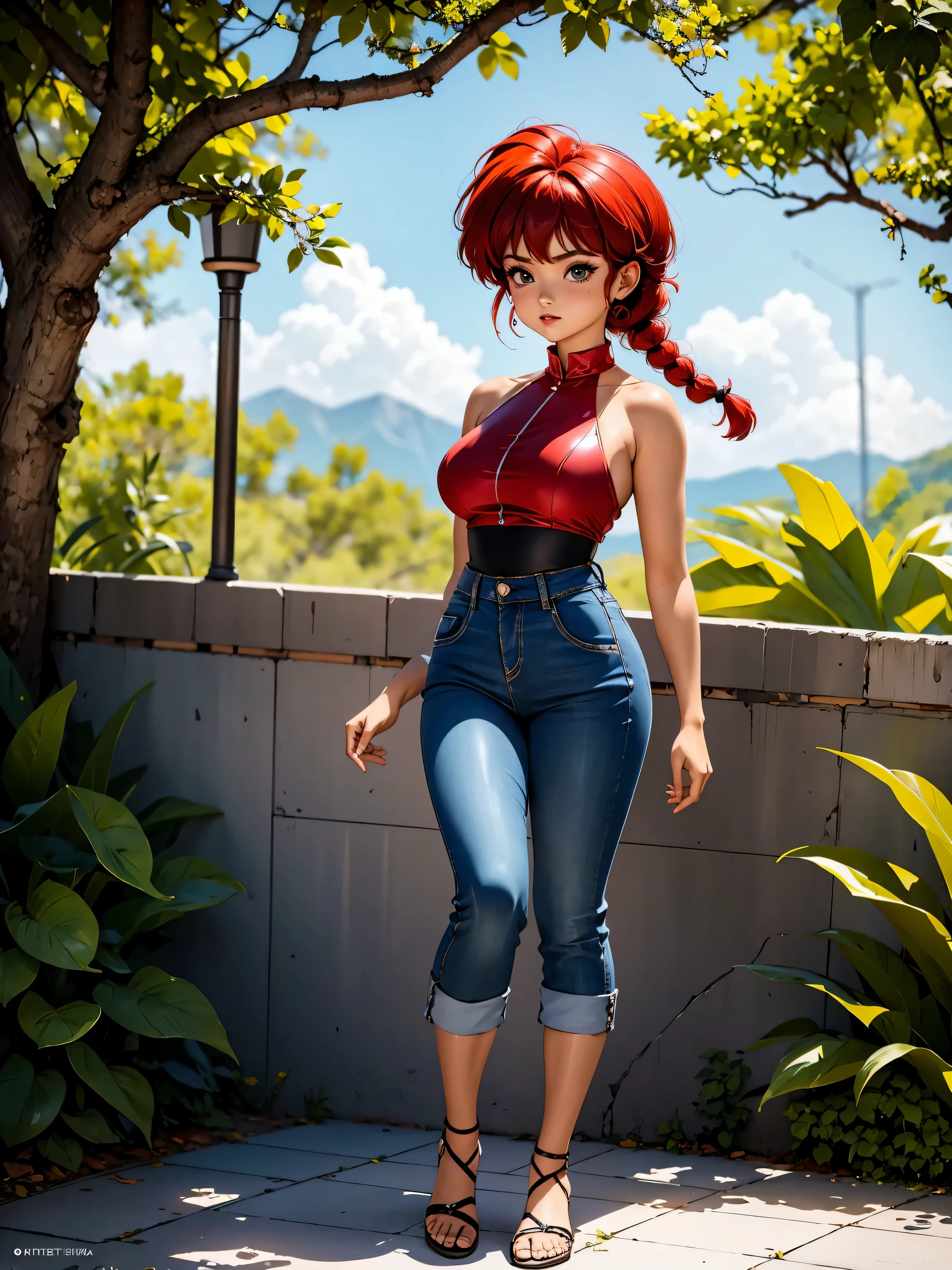 Garota anime ruiva com bermuda jeans e vestido vermelho red, saia, 16 anos, corpo bonito, seios grandes, with hands behind head, running your hands through your hair, Garota sexy, red short hair with braid, mechas de cabelo laterais, mechas de cabelo na lateral do rosto, beautiful lighting, sombras suaves, olhos azuis, pernas bonitas, short hair with braid, estilo anime, Ranma Chan, Autora Rumiko Takahashi, Baseado em obra de Rumiko Takahashi, Anime Ranma 1/ 2, decote sexy, quadril robusto, corpo inteiro, corpo inteiro, busto grande, garota jovem com corpo belo e bonito tomando banho de chuva, sandals on his feet, garota 16 anos jovem baixa estatura, wearing jeans, garota anime, estilo anime, beautiful feet in sandals, ao ar livre, red hair braid, belos seios, oil bust