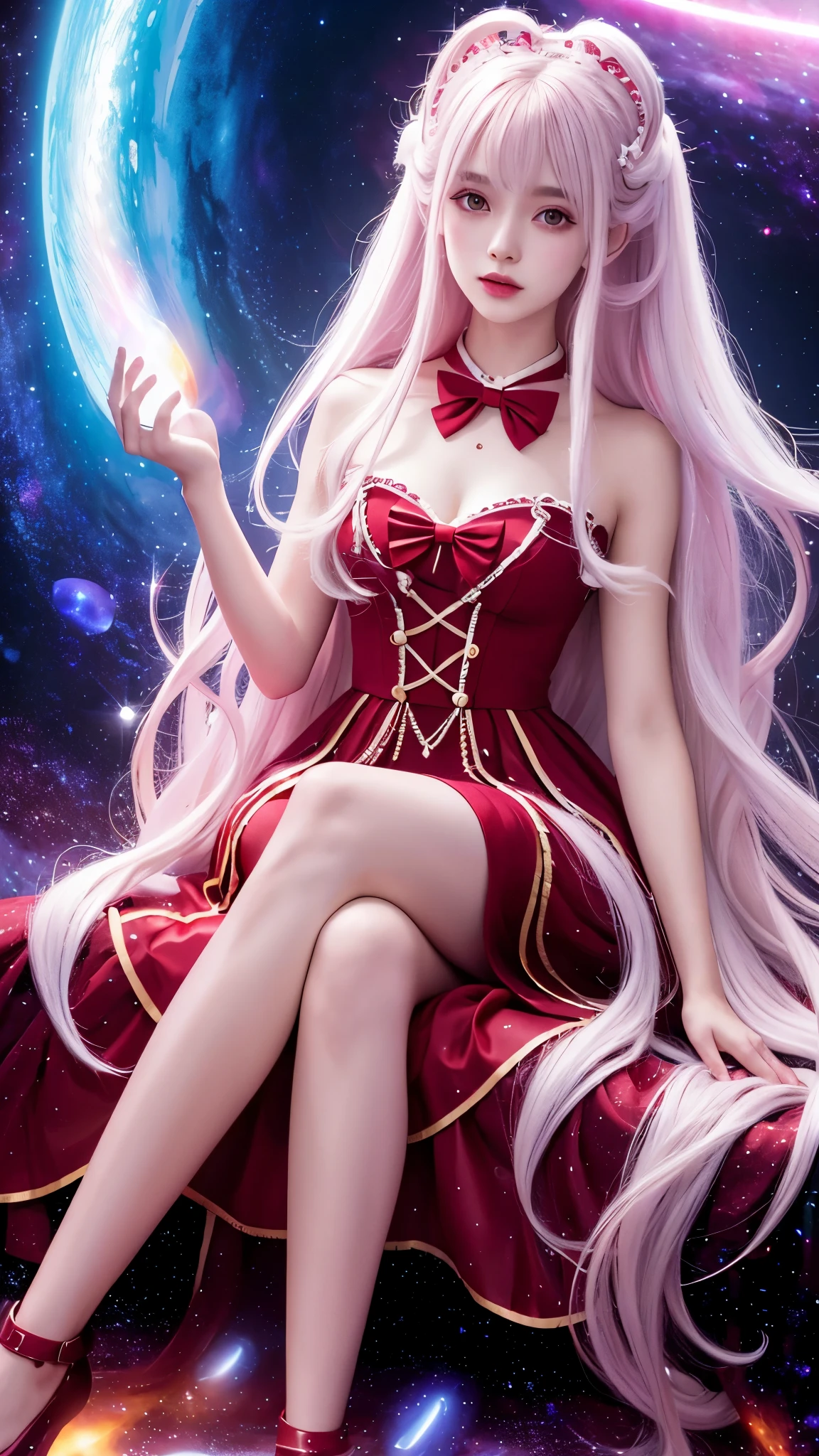 4K Ultra HD, Masterpiece, A girl with a magical aura, Good face, Long hair, shinny hair, Detailed eyes, Glossy lips, Wearing a red Lolita costume, The aura around the body, Magical effect, Spread white light, Cosmic elements and ethereal atmosphere, A mix of bright lights and colorful nebulae, universe background, Sitting, Full body capture.