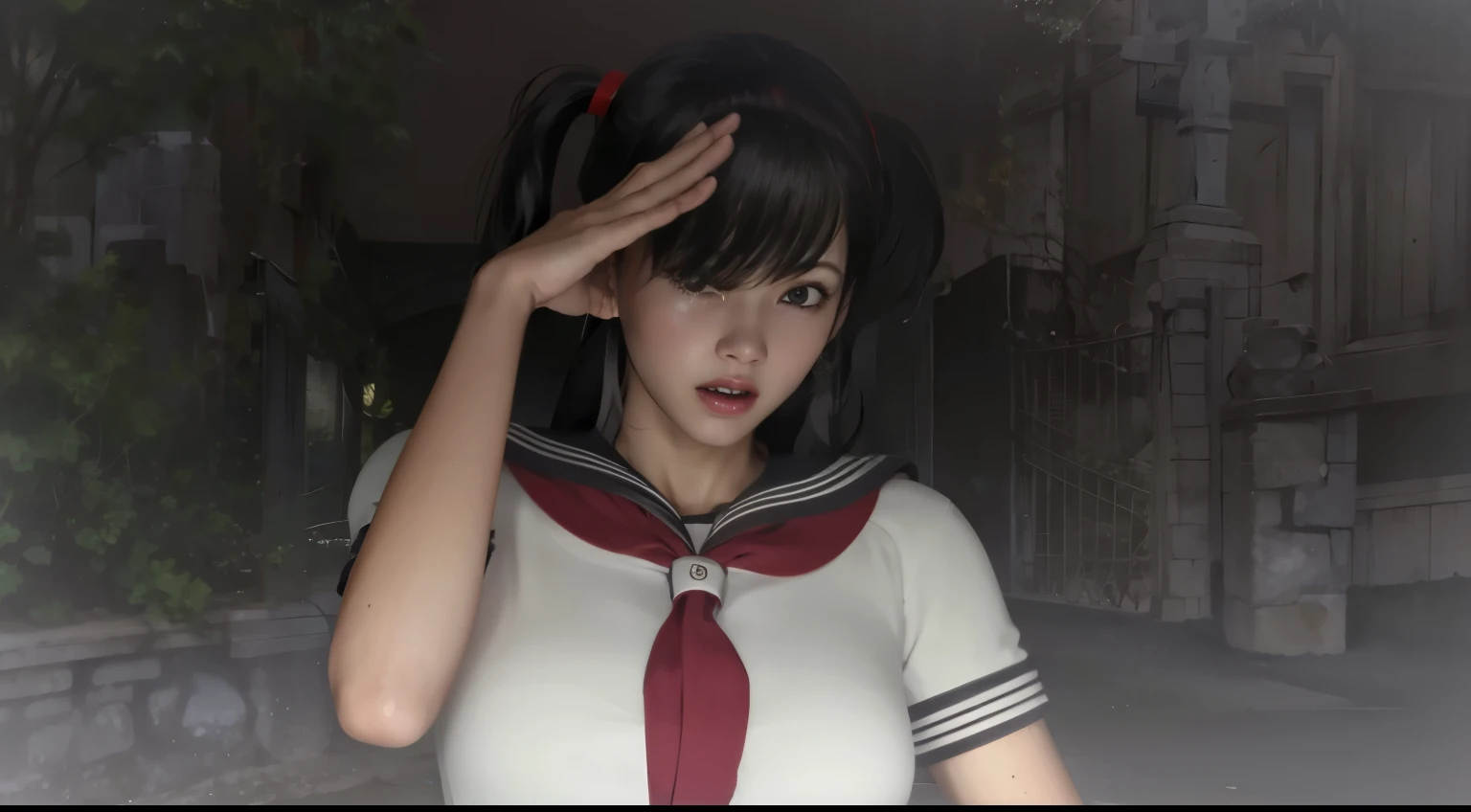 ((sense of tragedy、fall into fear、sad;I feel like crying))、(8K, highest quality, masterpiece:1.2), (realistic, photo-realistic:1.37),(((sweaty skin、cheeks are red)))、 Super detailed,highest quality, ultra high resolution, professional lighting, photon mapping, radio city, Physically based rendering, cinematic lighting,  midnight road,Depth of written boundary, sharp focus,Tsujimitsu, good composition,(Bokeh:1.2) 1 girl,alone,(whole body), (closed mouth),fine and beautiful eyes, temporarily stop, tight waist,Japanese high school girl, black hair,messy hair,long hair fluttering in the wind,(Ulzzang-6500:1.2) mix 4, hiqcgbody