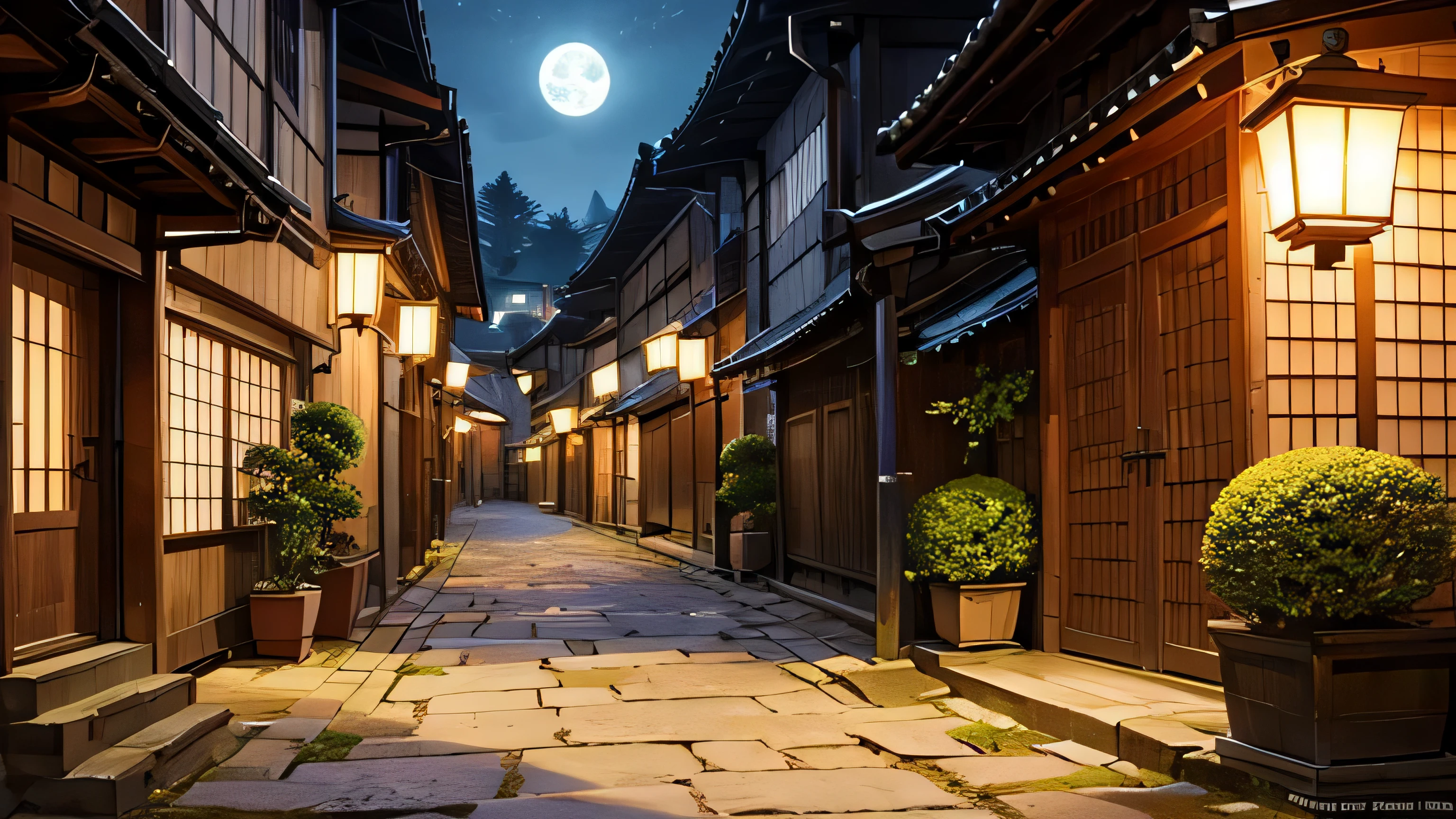 Mossy cobblestones,Back alley with buildings and red lanterns, Kyoto cityscape, Japanese cities, Japanese street, japanese village, Beautiful depiction of moss and stone platform, old asian village, Japan&#39;s daytime town, anime background art, awesome wallpaper, beautiful digital paintings, street japanese,narrow alley、night,moon,green harmony,big sun,