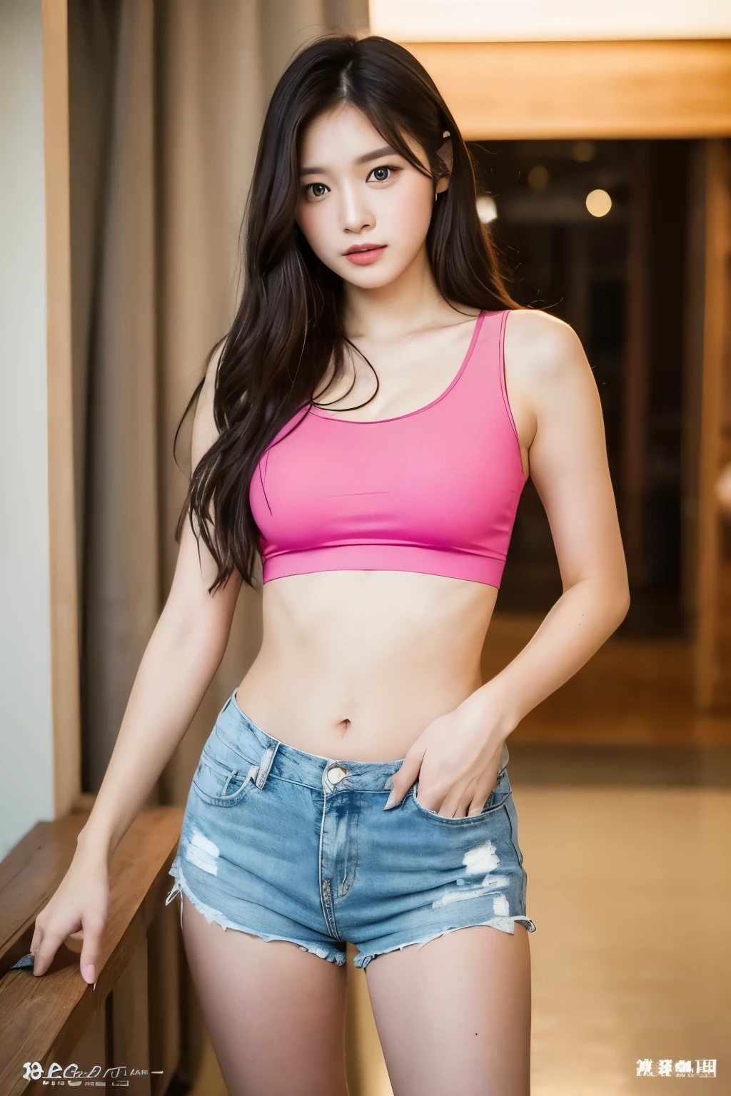 ((highest quality, 8K, masterpiece: 1.3)), sharp focus: 1.5, The beauty of fluorescent tops, shorts, Gorgeous gravure idol, pink eyeliner under the eyes,