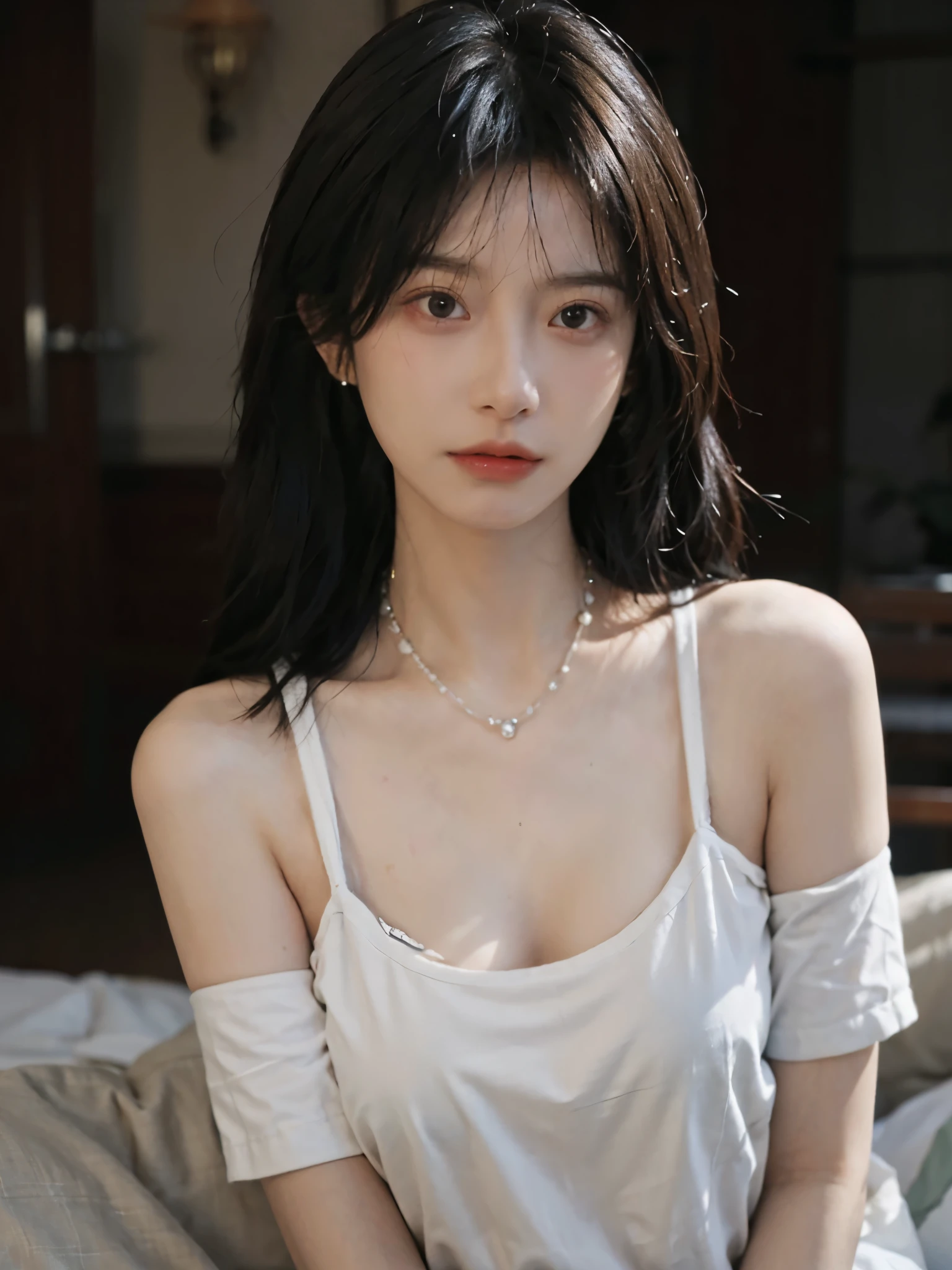 Film portrait photography, 1 girl, bare shoulders,lipstick,(flat chest:1.4), Shoulder length wavy hair, wear necklace,earrings,short sleeves,serene, calm, (Realistic and detailed eyes, natural skin texture, Realistic facial details), Soft dramatic lighting, depth of field, Bokeh, big breasts,Areola,split,cleavage,Vibrant details, Detailed and detailed, surreal, 35mm film, hazy, ,