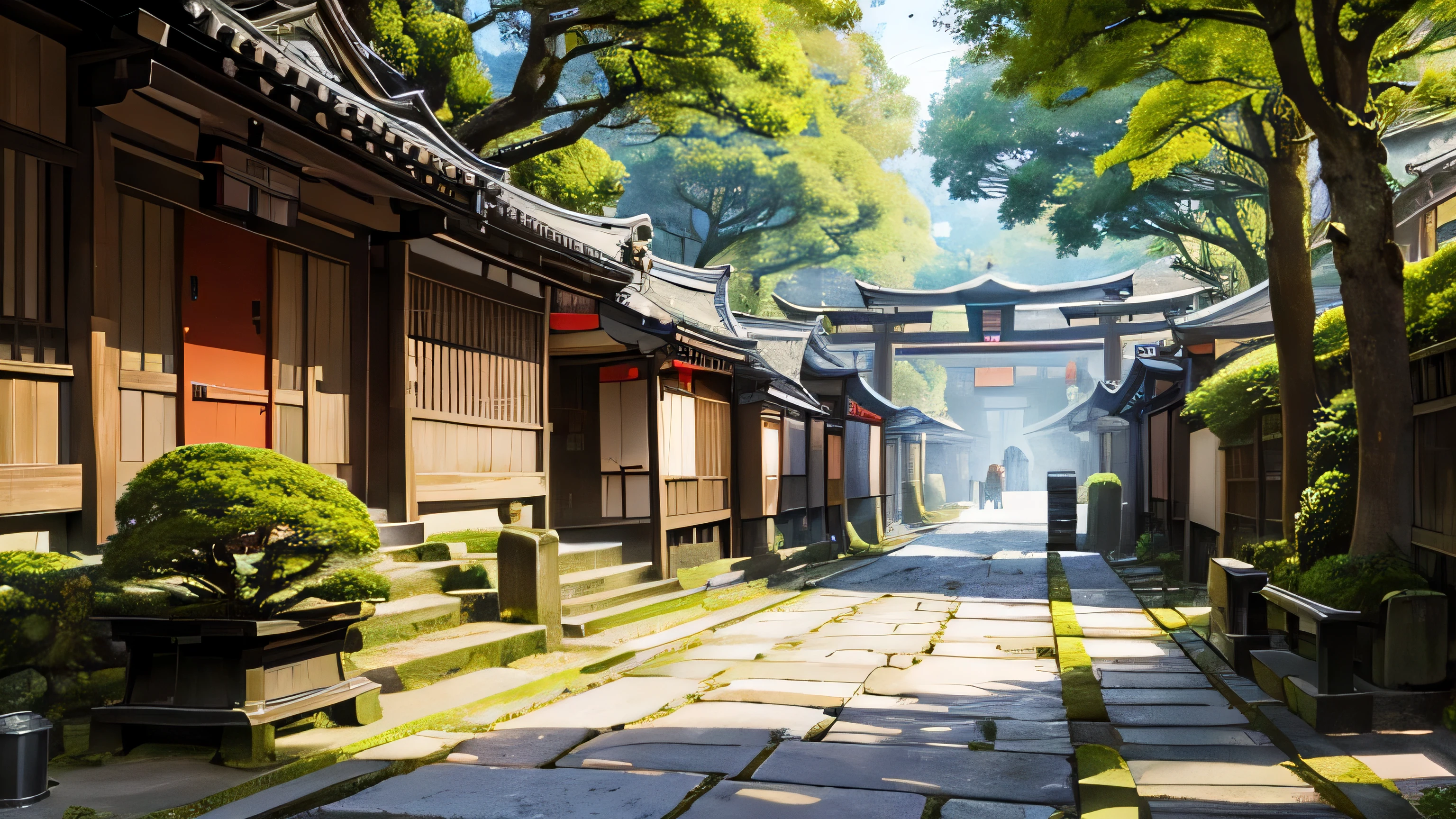 Mossy cobblestone streets of Kyoto, Japanese cities, Japanese street, japanese village, Beautiful depiction of moss and stone platform, old asian village, Japan's daytime town, anime background art, awesome wallpaper, beautiful digital paintings, street japanese,narrow alley、night,moon,green harmony,big sun,red torii,five-storied pagoda