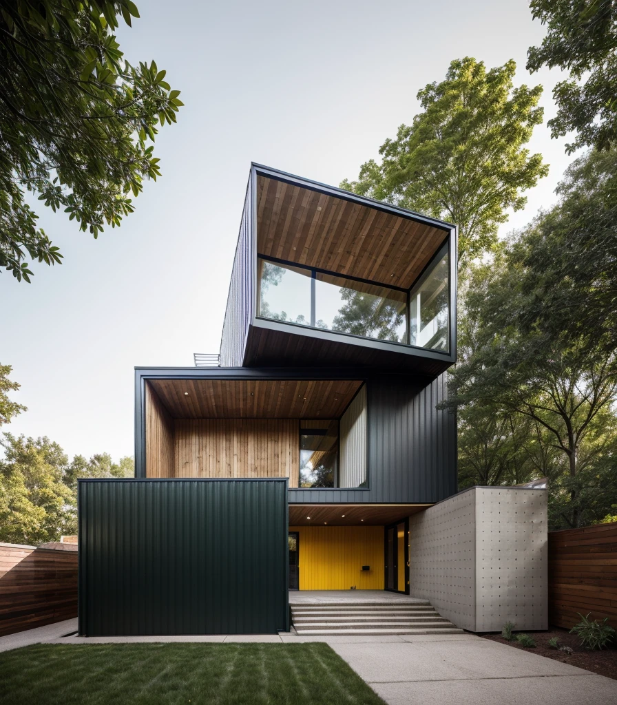 house exterior industry style, dark yellow and green color scheme, like an oldtime industry factory,raw materials, exposed structural elements, and simple, clean lines,rough-hewn steel, polished concrete, glass, and exposured brick,
