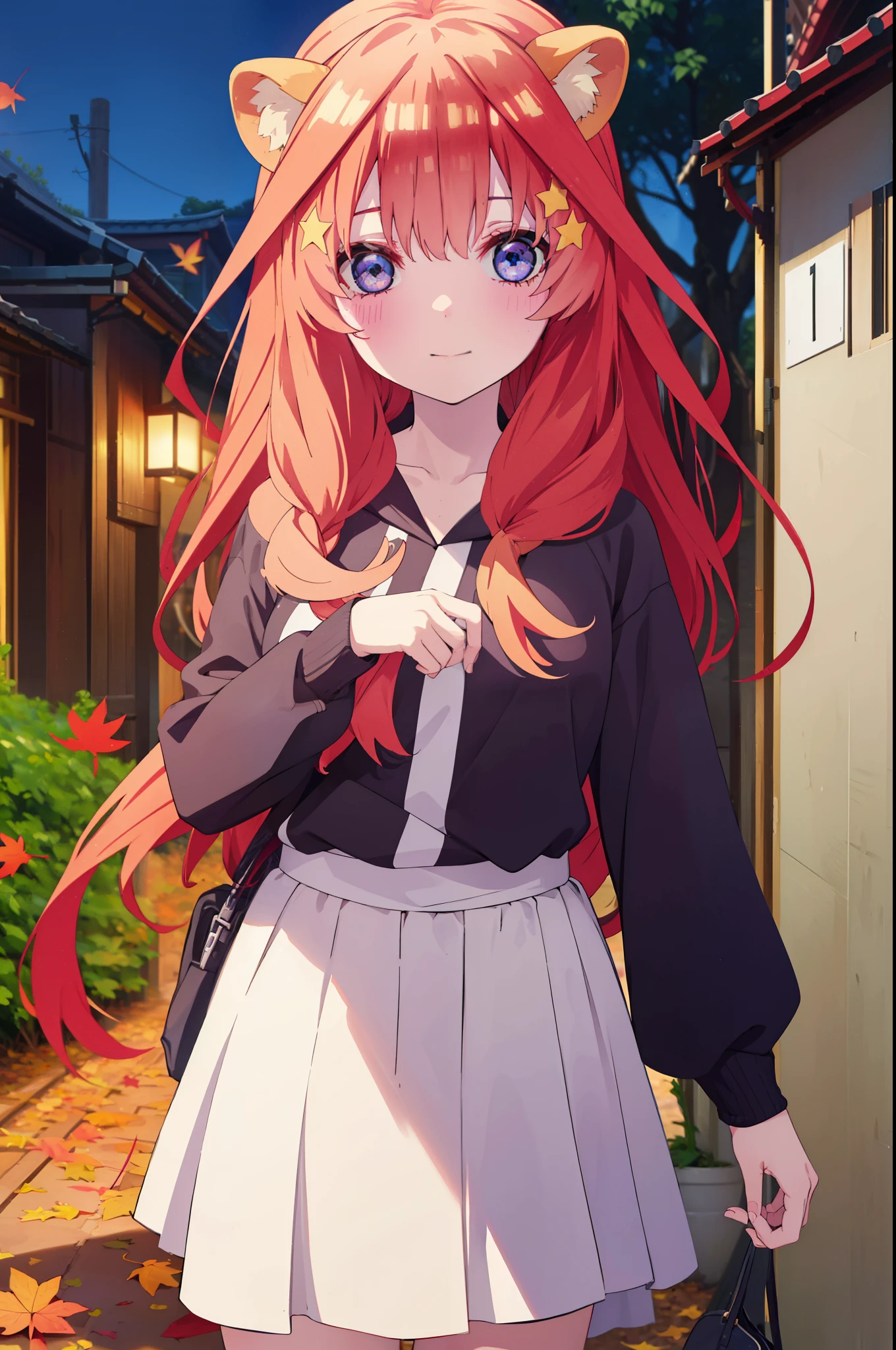 itsukinakano, itsuki nakano, bangs, blue eyes, hair between eyes, Ahoge, redhead, star \(symbol\), short braided hair,hair ornaments, star hair ornaments,smile,blush,animal ears　raccoon ears,Animal tail　Tanuki tail,Red hoodie,white long skirt,Cute sandals,autumn leaves,whole bodyがイラストに入るように,
break outdoors, garden,
break looking at viewer,whole body,(cowboy shot:1.5),
break (masterpiece:1.2), highest quality, High resolution, unity 8k wallpaper, (figure:0.8), (beautiful deしっぽed eyes:1.6), extremely deしっぽed face, perfect lighting, extremely deしっぽed CG, (perfect hands, perfect anatomy),