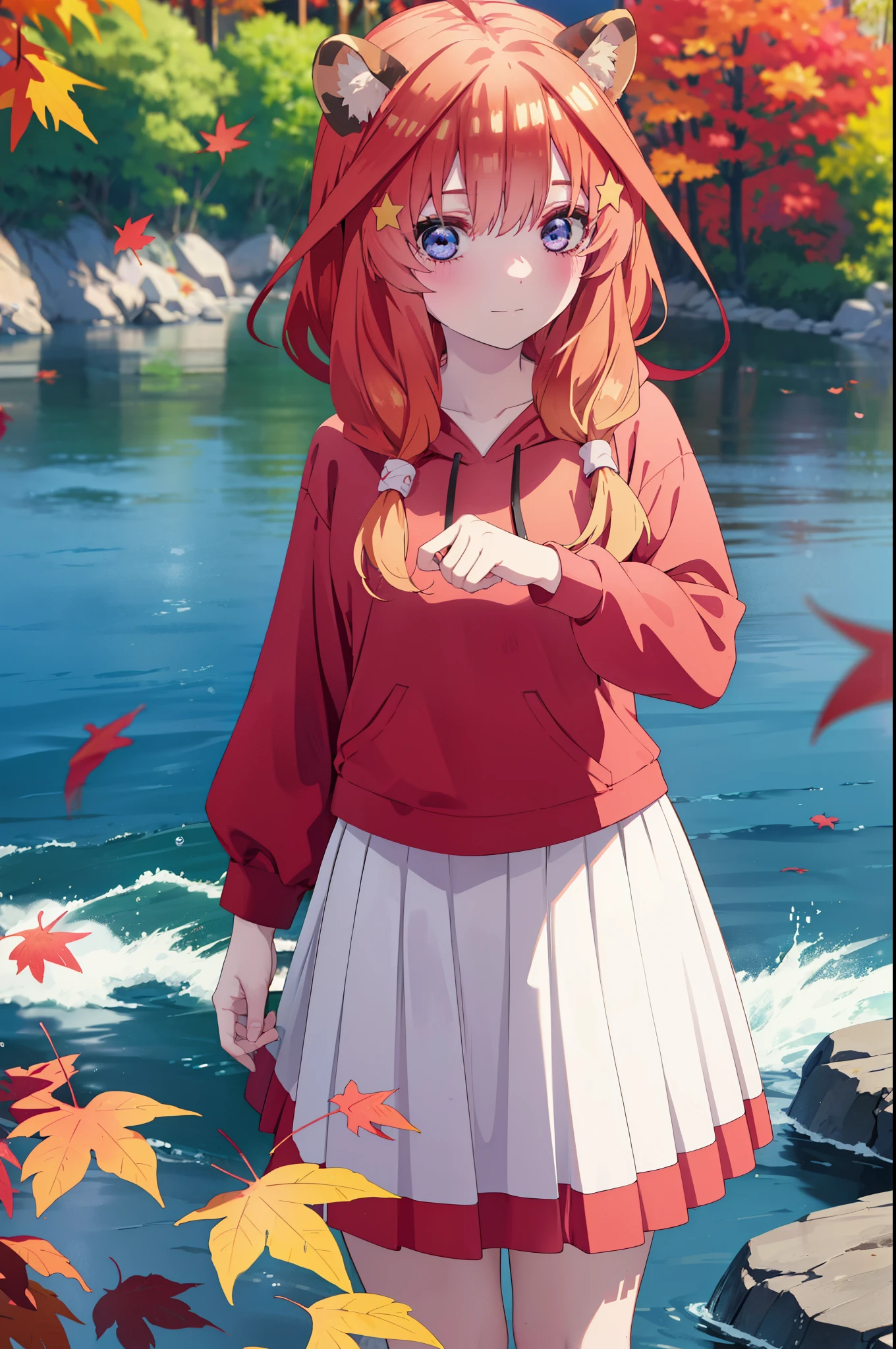 itsukinakano, itsuki nakano, bangs, blue eyes, hair between eyes, Ahoge, redhead, star \(symbol\), short braided hair,hair ornaments, star hair ornaments,smile,blush,animal ears　raccoon ears,Animal tail　Tanuki tail,Red hoodie,white long skirt,Cute sandals,autumn leaves,whole bodyがイラストに入るように,
break outdoors, garden,
break looking at viewer,whole body,(cowboy shot:1.5),
break (masterpiece:1.2), highest quality, High resolution, unity 8k wallpaper, (figure:0.8), (beautiful deしっぽed eyes:1.6), extremely deしっぽed face, perfect lighting, extremely deしっぽed CG, (perfect hands, perfect anatomy),