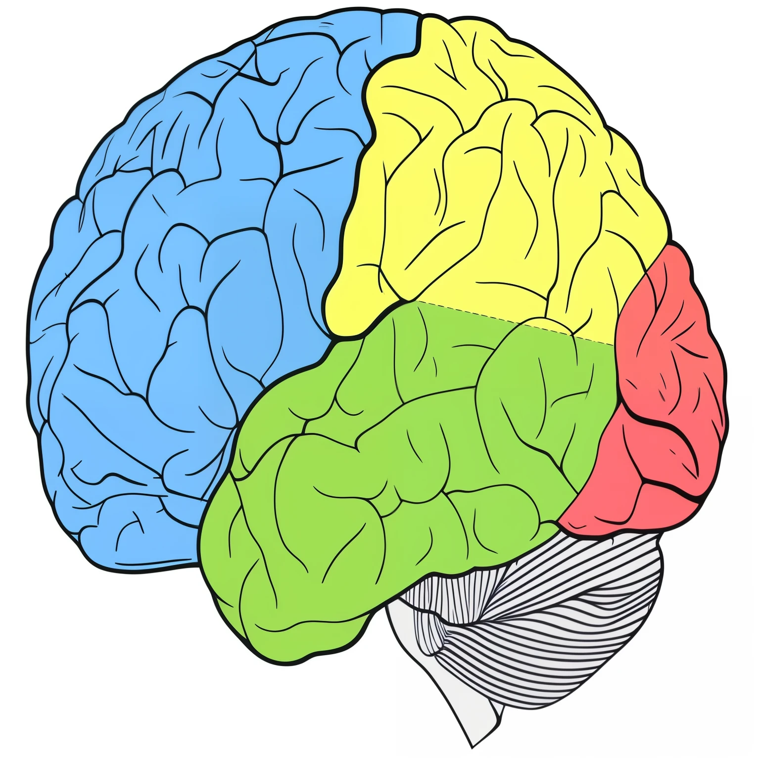 a drawing of a Brain with different colors and patterns, human Brain, Brain anatomy, Brain visible, neuroscience, Brains, corpo caloso cerebral, estilo de arte parietal, Brain, featuring Brains, cerebellar peduncle, coherence of cognitive cohesion, op art Brain, neural, head is centered, scientific representation, adam and eve inside the Brain, human characteristics