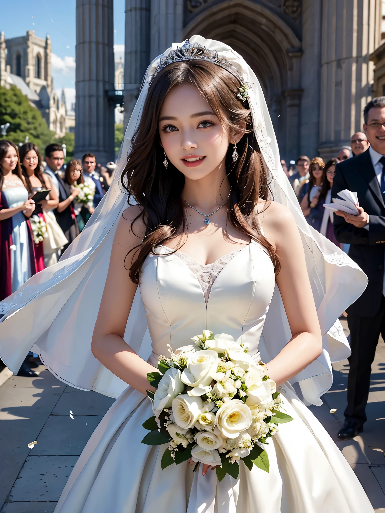 best quality, masterpiece, 1 girl, (huge laugh), , shiny lips, sweet, sun glare, Conservative attire, Bead material bell-line wedding dress, white gloves, bouquet, bridal tiara, depth of field, blurred background, Cathedral Background, light particles, strong wind, head tilt, long hair, 