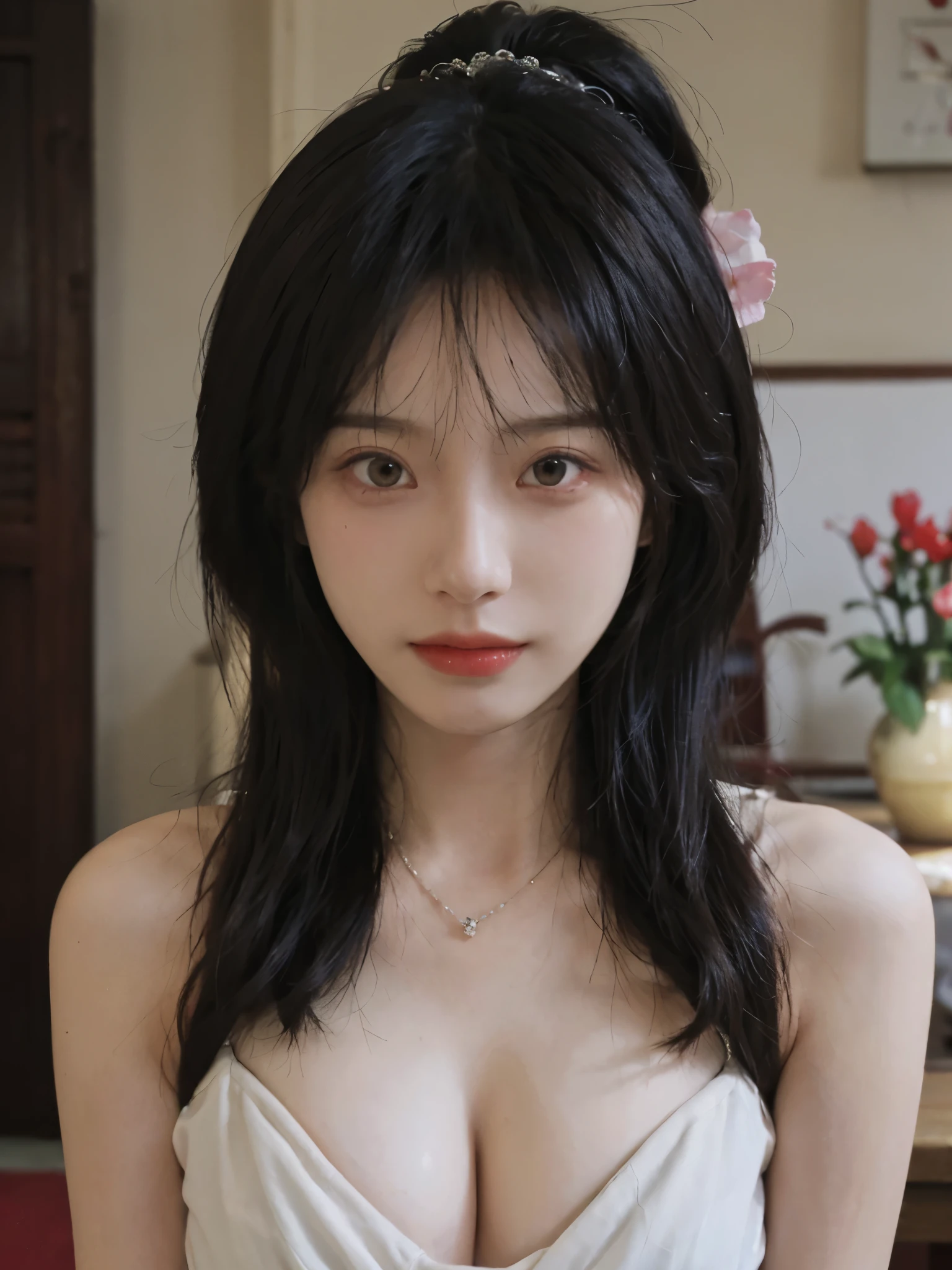 best quality, ultra high resolution, (realistically:1.4),cute hairpin,Baoyu Girl,Standing in the wedding hall,Fairy spirit fluttering,(flat chest:1.2) ,A pair of clear and charming peach blossom eyes,Royal sister,The sun shines on the face,Big wavy hairstyle,(necklace:1.2),(White skin:1.4),a sense of atmosphere,a beautiful girl,looking directly at the viewer, Close-up cleavage ,(lifelike:1.4),1 girl,Sexy,(Upper body:1.4),(wet),(:1.2)