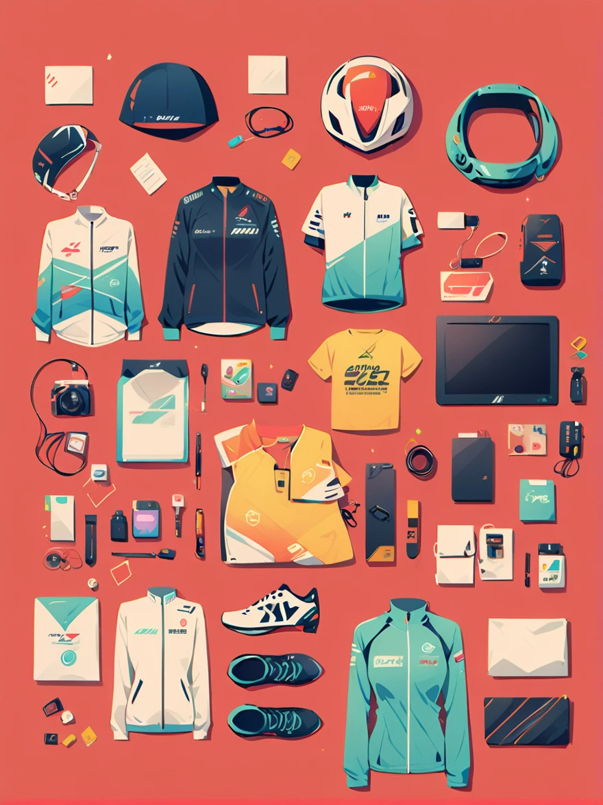 Asian face young girl,laughing expressin,Perfect body,road bike clothing,gear and
accessories,knolling layout organized on a table,person,knolling, Cartoon, pure red background