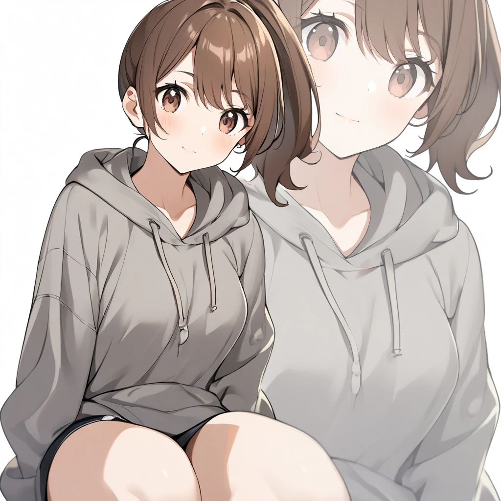 1girl、brown hair、ponytail、dark brown eyes、gray hoodie、transparency