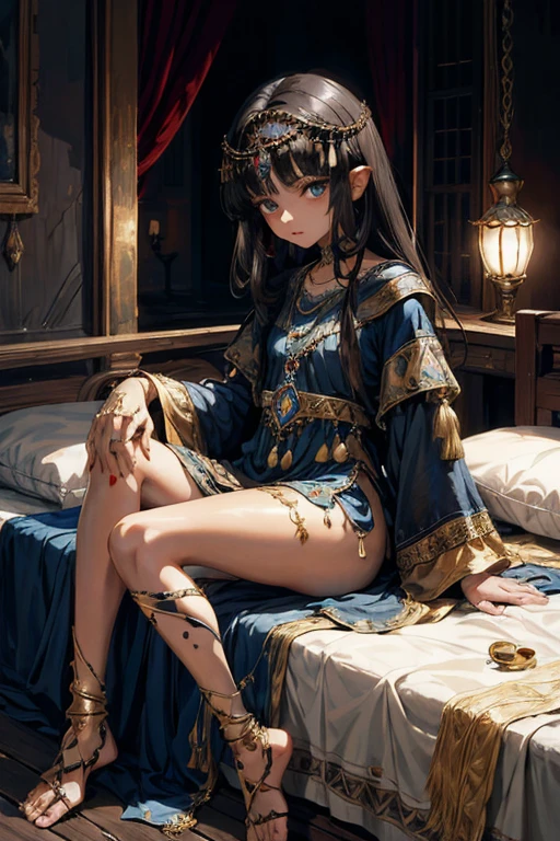 sick girl,Beautiful Middle Eastern folk costumes, 5 ,girl sitting on bed in dark room,long bangs that cover the eyes,Long,A dark-haired,deadpan,jewellery,outside of house,hair adornments,Pendants,jewely,Full body painting,gypsy,Brown-skinned,Open both legs,,,