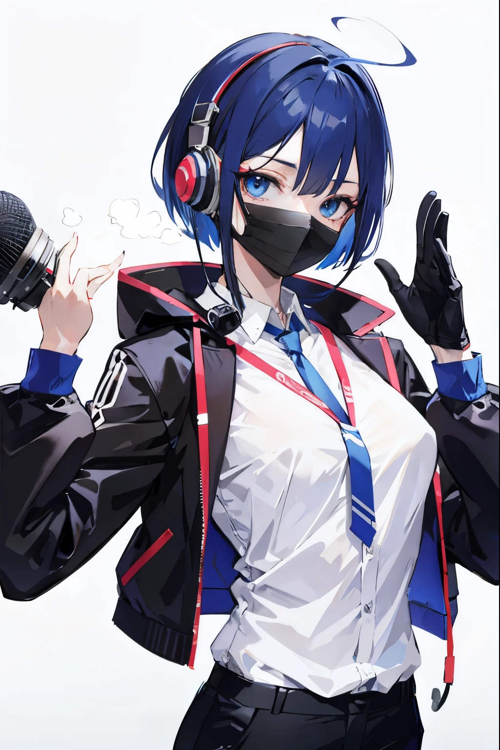 mask women with headphone and Professional Condenser Microphone loocking at camera, fine body, wearing office outfint blank backgroung