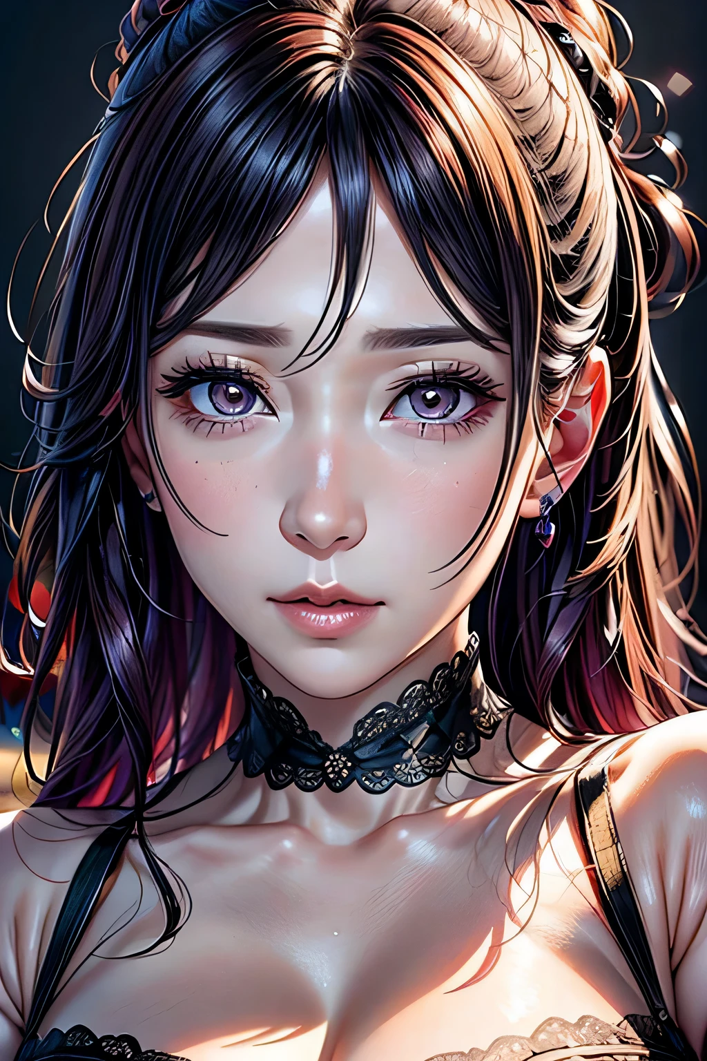 The bright eyes of a very beautiful princess, Portrait of a 35 year old mature woman, serious expression, rage, Super realistic, Super detailed, Dynamic facial expressions, big natural breasts, pastel purple dress, detailed and beautiful eyes,beautiful detailed lips,highly detailed eyes and face,long eyelashes, detailed face, masterpiece, 最high quality, high quality, High resolution, (((close up of face)))、sexy