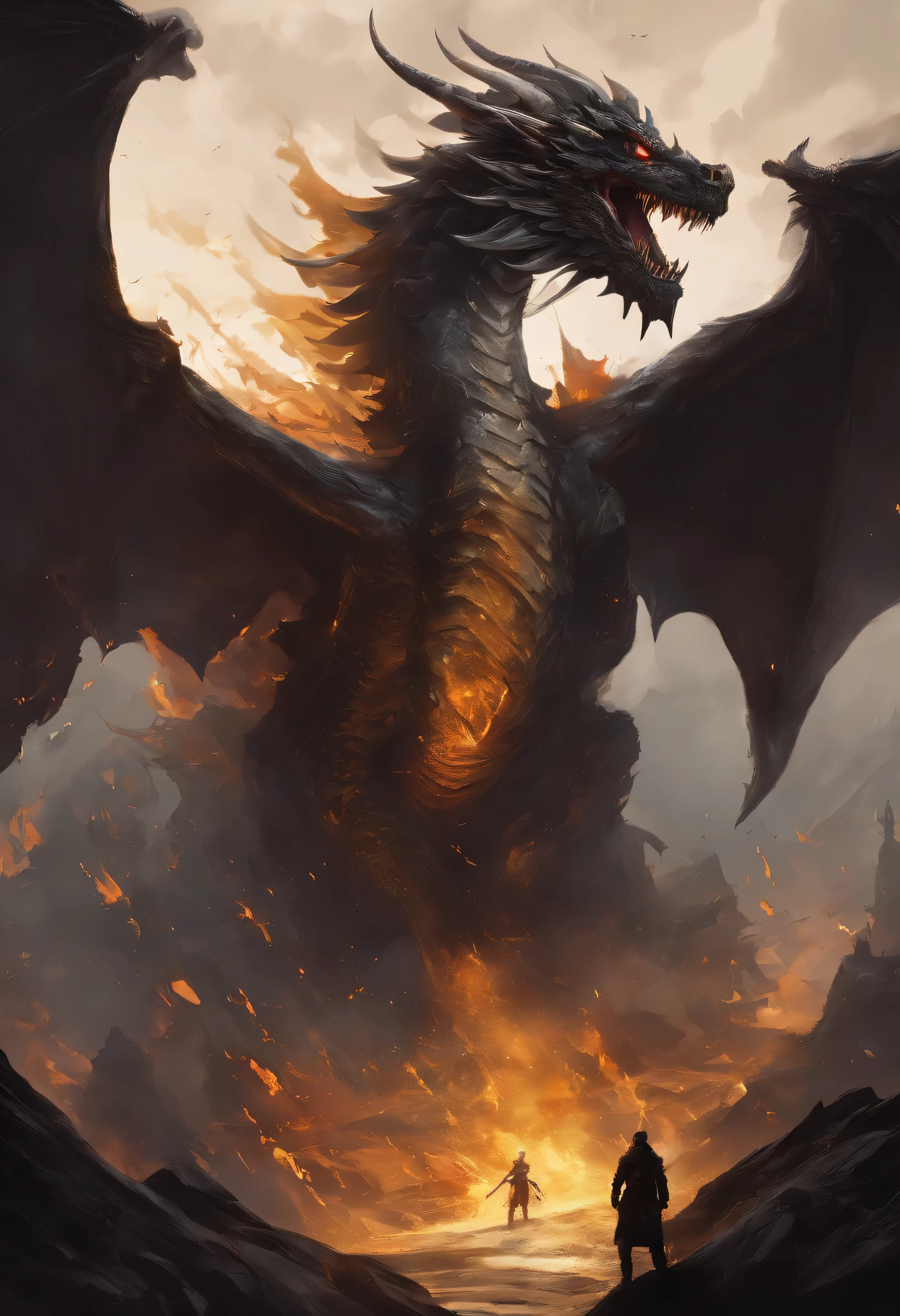 (Dragon),(Flames outline the body of the dragon),Dragon flapping its wings,(shining golden light),alone,night,Multiple silhouettes,First-person elevation angle,Ultra-detailed,best quality,masterpiece,(8K),Very detailed,epic artwork