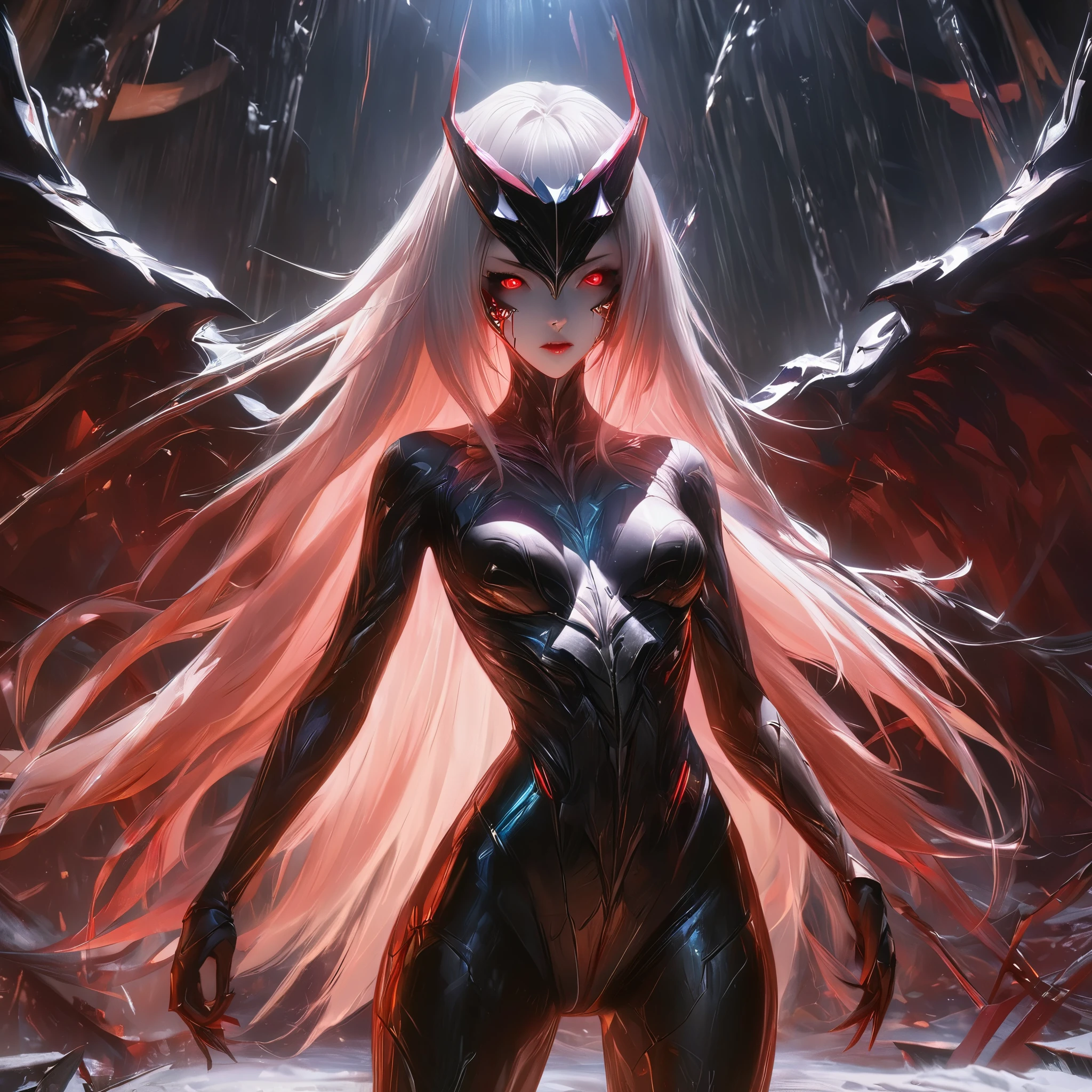 Black，Chiaroscuro, Ray Tracing, light, Cowboy shooting, 8K, Yes, Super Detail, precise, best quality, The award-winning, The award-winning, A high resolution, masterpiece, High Detail，guweiz on artstation pixiv, Hot topics on artstation pixiv, 详细的number概念艺术, author：Yang Jie, 2. 5D CGI anime fantasy artwork，Ultra HD，8K ，Realistic skin texture，Chiaroscuro, Ray Tracing, light, 8K, Yes, Super Detail, precise, best quality, The award-winning, The award-winning, A high resolution, masterpiece, High Detail，in the snow，Clear，masterpiece， best quality， 8K， number， 1 girl， Solitary， stand up， Hair accessories， Red Eyes， Heartless expression， Blood-stained mechanical parts， electric wire， cable， Failure Effect， scary， Science fiction， Futuristic， The background is darker， Neon， cyberpunk characters， Surrealism， Strange， Disturbing， spine-chilling， scary， Western Metal，Red Eyes，发Black，Black色長手套，One-piece Pants，leggings，Highlight her graceful figure,将整个身体包裹stand up，Symbiote，（（Sexy highlighted）），One-piece Pants，Red Eyes，Venom，发Black，Black色長手套，One-piece Pants，Black色一件，Blood red eyes，best quality, high resolution, Super detailed, Vivid texture, mask, Bangs，wear socks，tears，被Black色粘液覆盖
