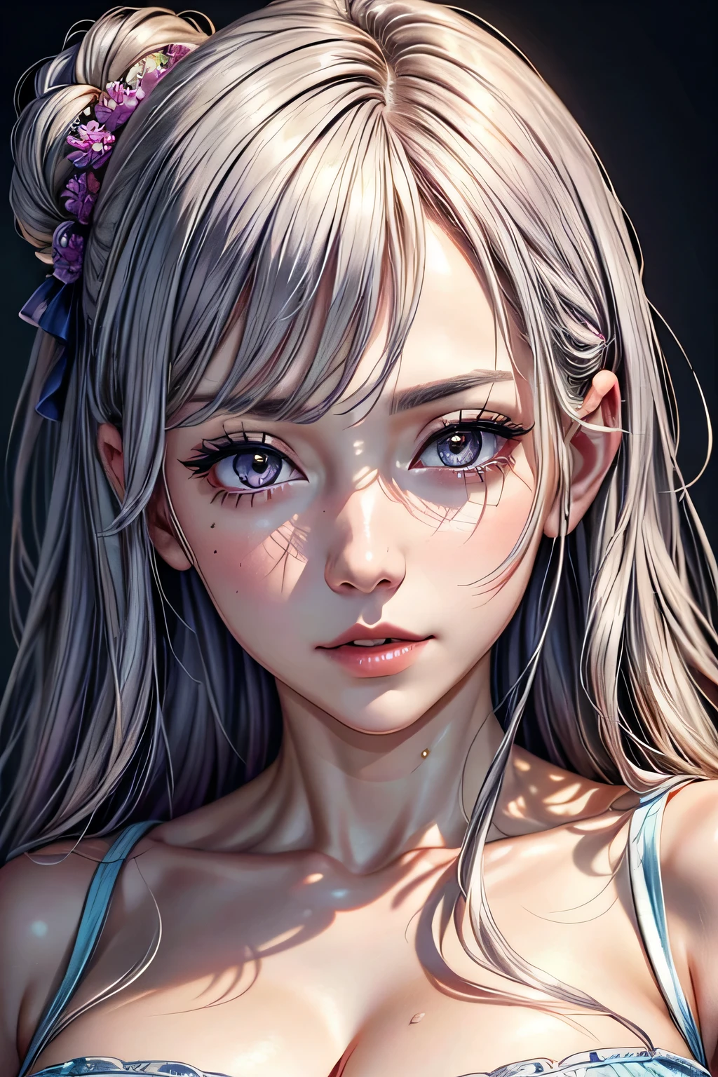 The bright eyes of a very beautiful princess, Portrait of a 35 year old mature woman, serious expression, rage, Super realistic, Super detailed, Dynamic facial expressions, big natural breasts, pastel purple dress, detailed and beautiful eyes,beautiful detailed lips,highly detailed eyes and face,long eyelashes, detailed face, masterpiece, 最high quality, high quality, High resolution, (((close up of face)))、sexy