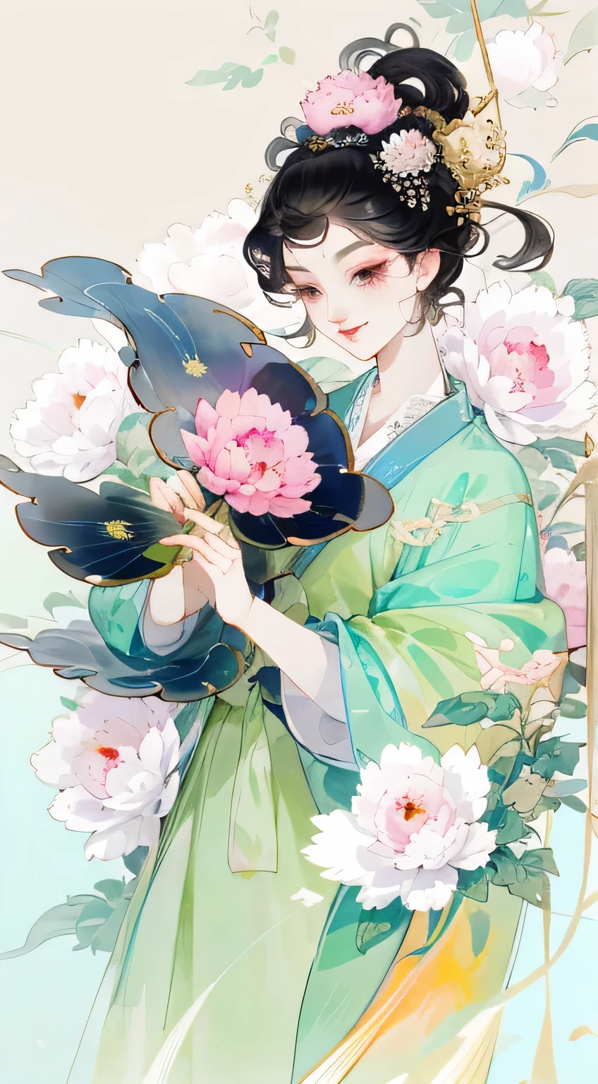A cheerful elegant 16 years old ancient Chinese beauty, wearing ancient Chinese clothing, pastel-colored clothes, hands holding fan, lazy pose, flowing tulle, light bright color silk, big peony leaf, peony flower, ink painting style, clean color, decisive cut, blank space, masterpiece, super detailed , epic composition, bright background