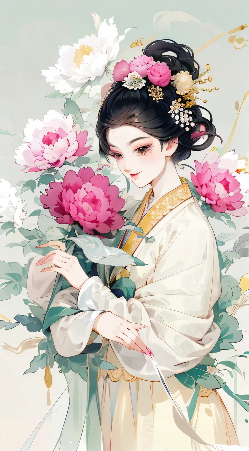 A cheerful elegant 16 years old ancient Chinese beauty, wearing ancient Chinese clothing, pastel-colored clothes, hands holding fan, lazy pose, flowing tulle, light bright color silk, big peony leaf, peony flower, ink painting style, clean color, decisive cut, blank space, masterpiece, super detailed , epic composition, bright background