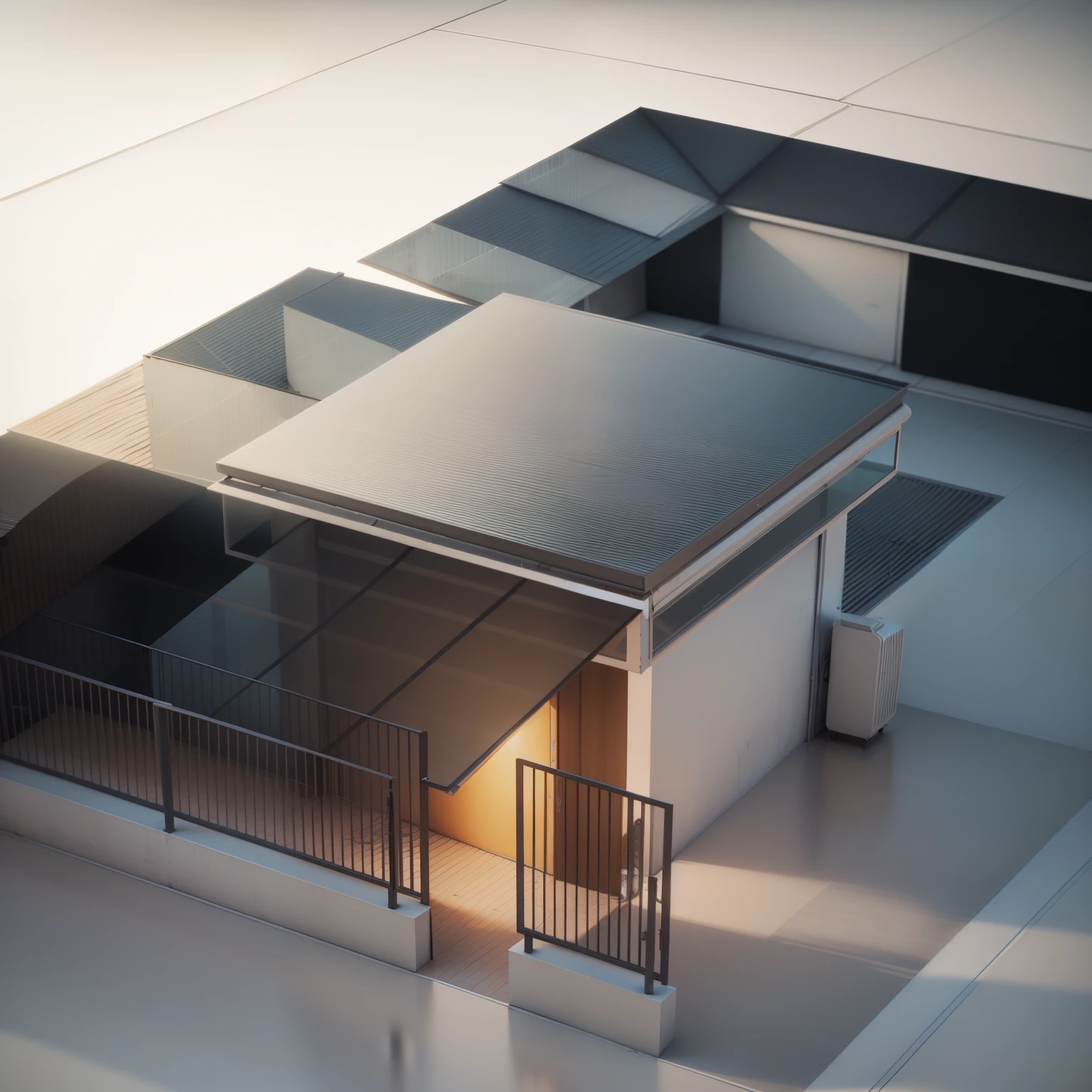 a representation of a building reception, com uma guarita, black railings on the outside and white aluminum and glass coverings in the corridors and on the facade and green lawn, Perspective view, isometric Perspective view, isometric view!!!!, recinto exterior, Perspectiva 3D, isometric view, outline, isometric view from behind, 2d axonometric aerial view, 3 / 4 view, 3/4 view, modelo 3d renderizado, pre-rendered, keeps the entire structure exactly just transforms the texture to make it more realistic