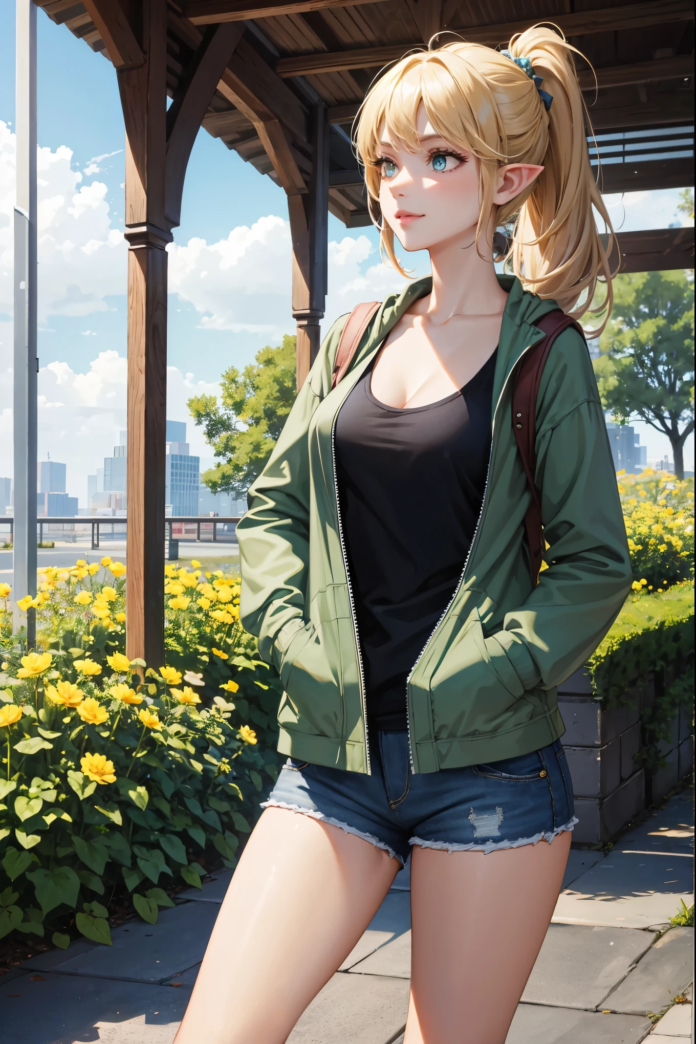 Masterpiece:1.2, ultra high quality:1.2, ultra detailed, intracate details, bright colors, elf woman, adult woman:1.4, solo, blonde hair, yellow eyes, pale skin, dark green tank top, black and gray plaid flannel jacket, bright eyes, perfect eyes, hands in pockets, pink lips, bike shorts, high ponytail, slight smile, looking up, outside, city park, flowerbeds,