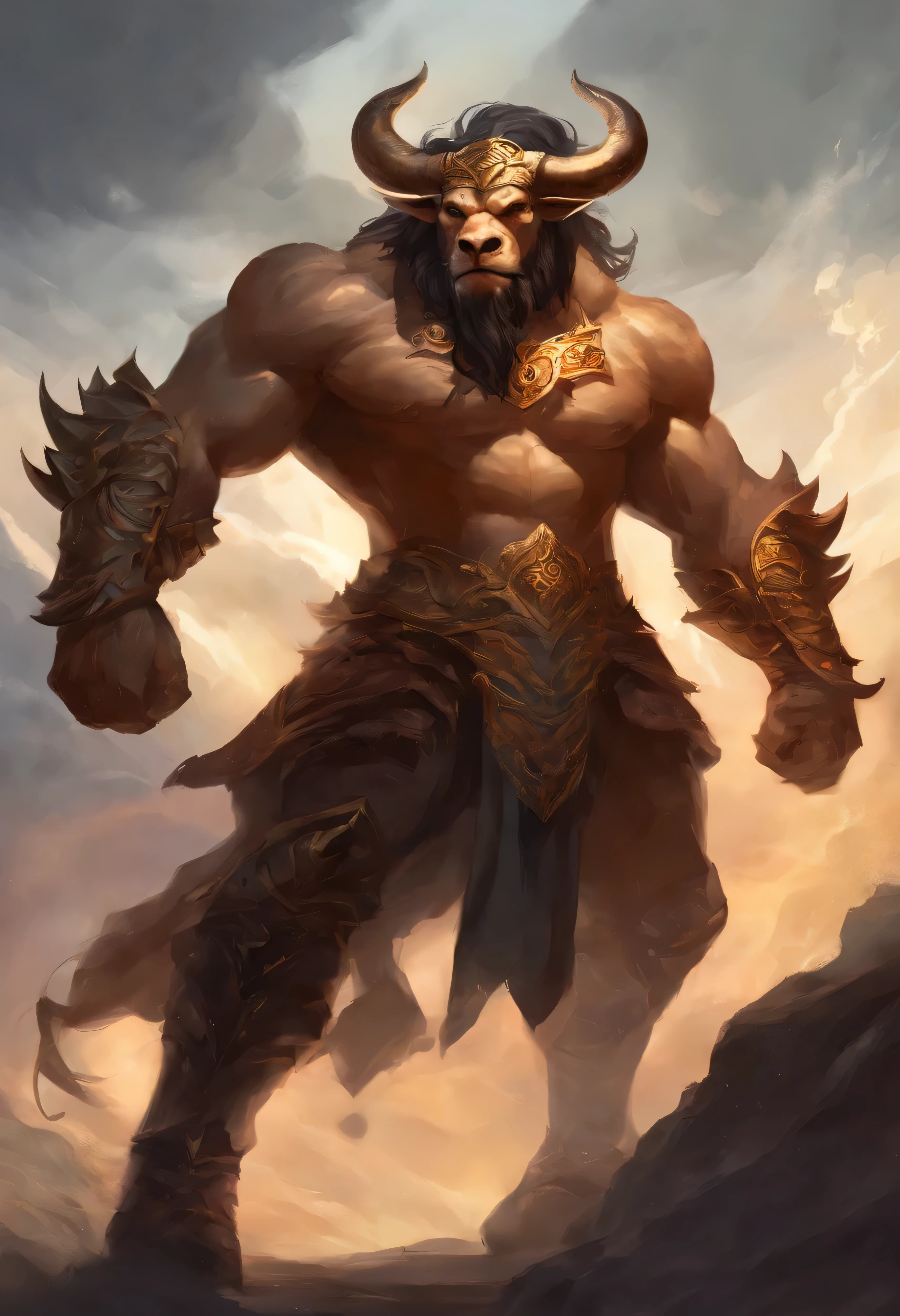 Majestic Minotaur, With a majestic bull head,Decorated with deep spiral horns, expressive eyes. kinetic, tattered clothes. The skin of bulls is dark brown,It is covered with a thin layer of, short jacket. He is standing up, Ready to fight, A large axe in one hand,A determined expression appeared on his face. The background is an epic backdrop,Dramatic clouds and sunlight fill the sky.