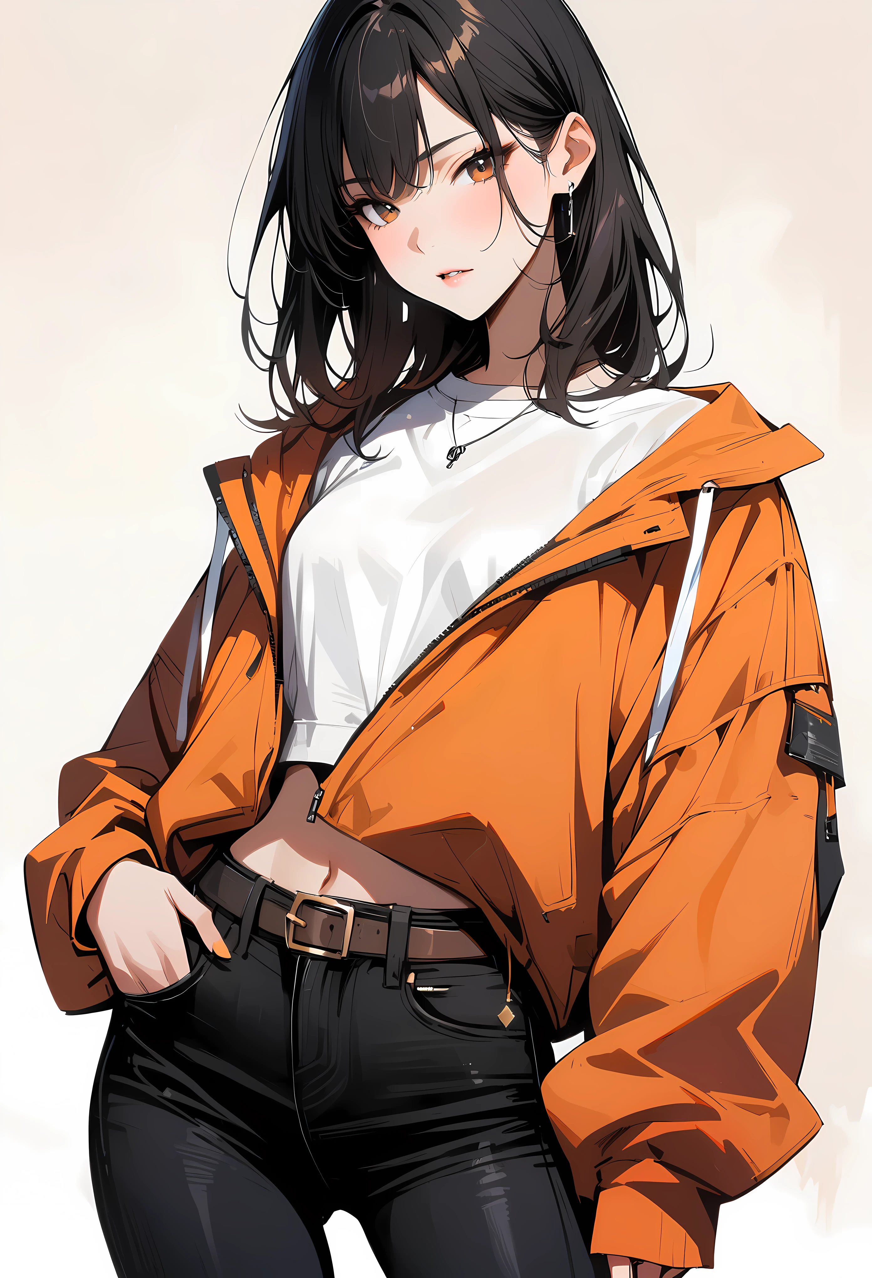 (masterpiece, best quality:1.2), 1 girl, alone , sexy , orange jaket , cutoff-jeans , (cowboy shot) , black hair , white top