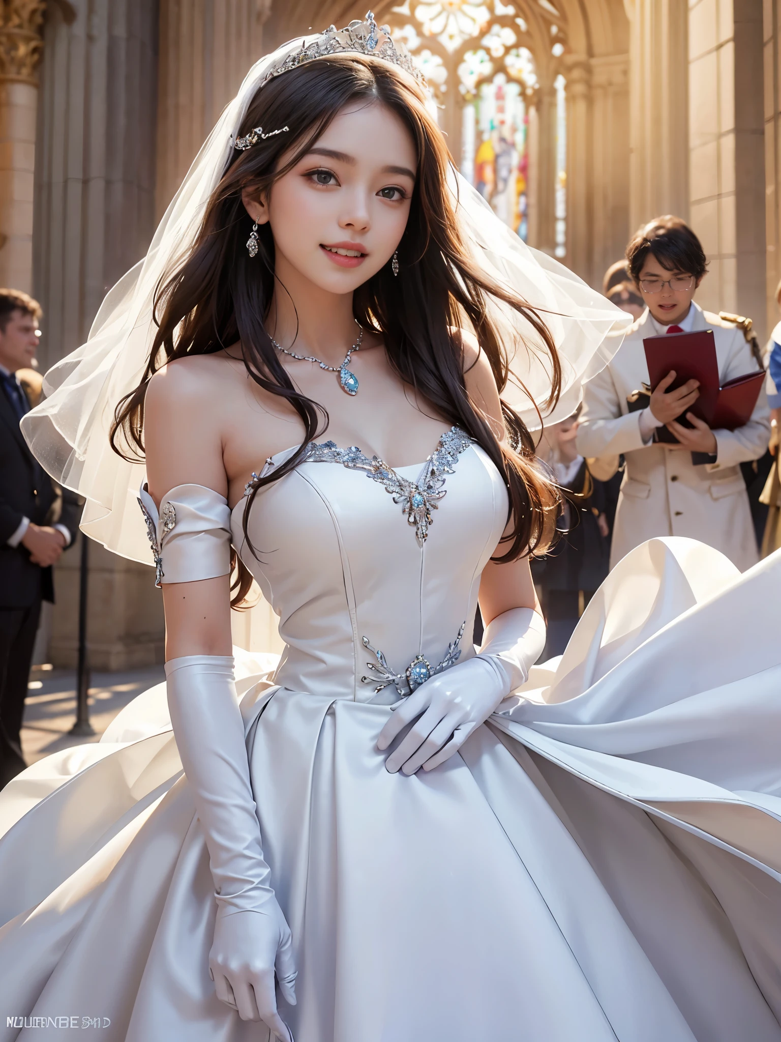 best quality, masterpiece, 1 girl, (huge laugh), cute teen, shiny lips, sweet, sun glare, Conservative attire, Bead material bell-line wedding dress, white gloves, bridal tiara, depth of field, blurred background, Cathedral Background, light particles, strong wind, head tilt, long hair, 