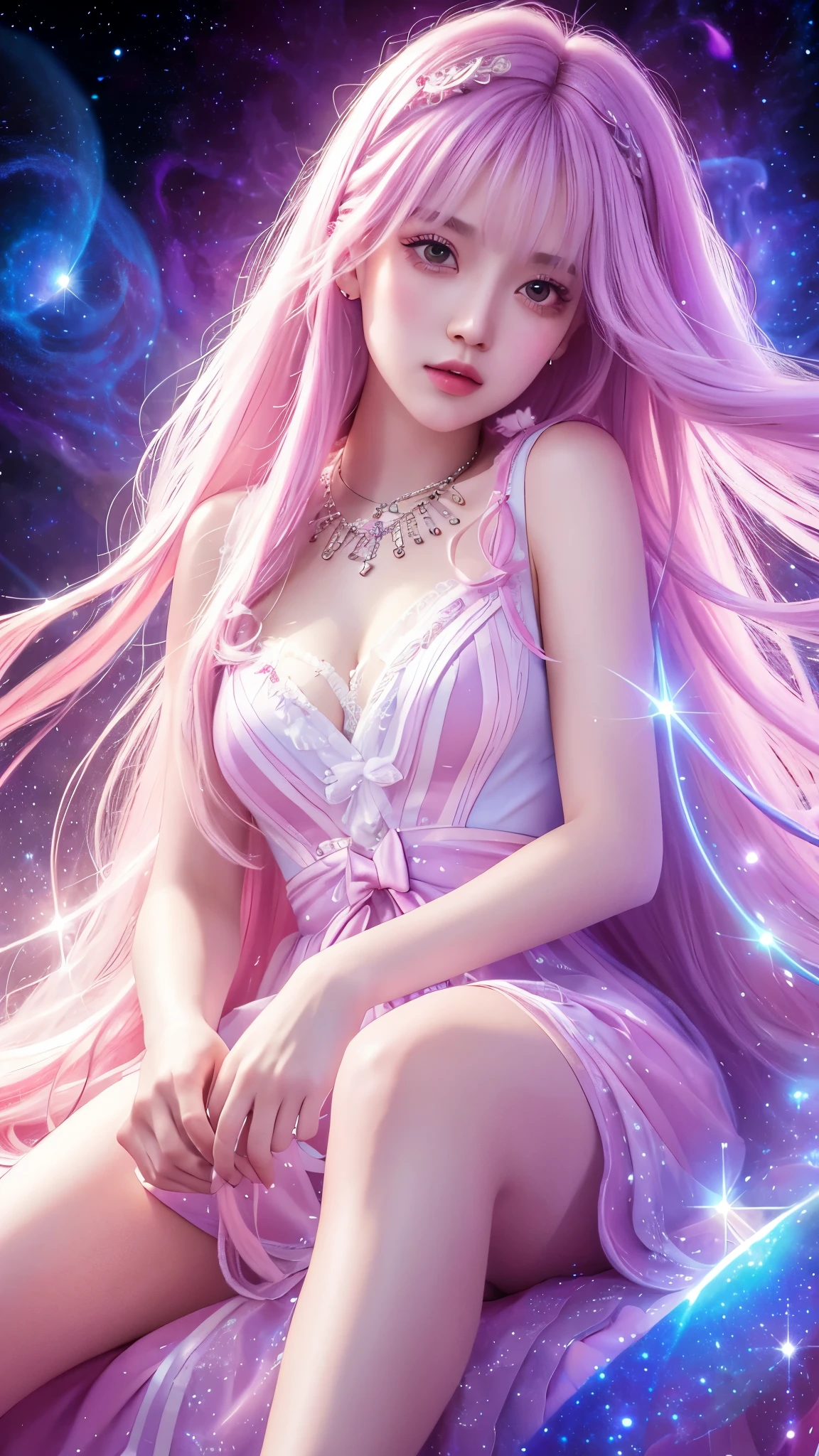 4K Ultra HD, Masterpiece, A girl with a magical aura, Good face, Long hair, shinny hair, Detailed eyes, Glossy lips, Wearing a red ta costume, The aura around the body, Magical effect, Spread white light, Cosmic elements and ethereal atmosphere, A mix of bright lights and colorful nebulae, universe background, Sitting, Full body capture.