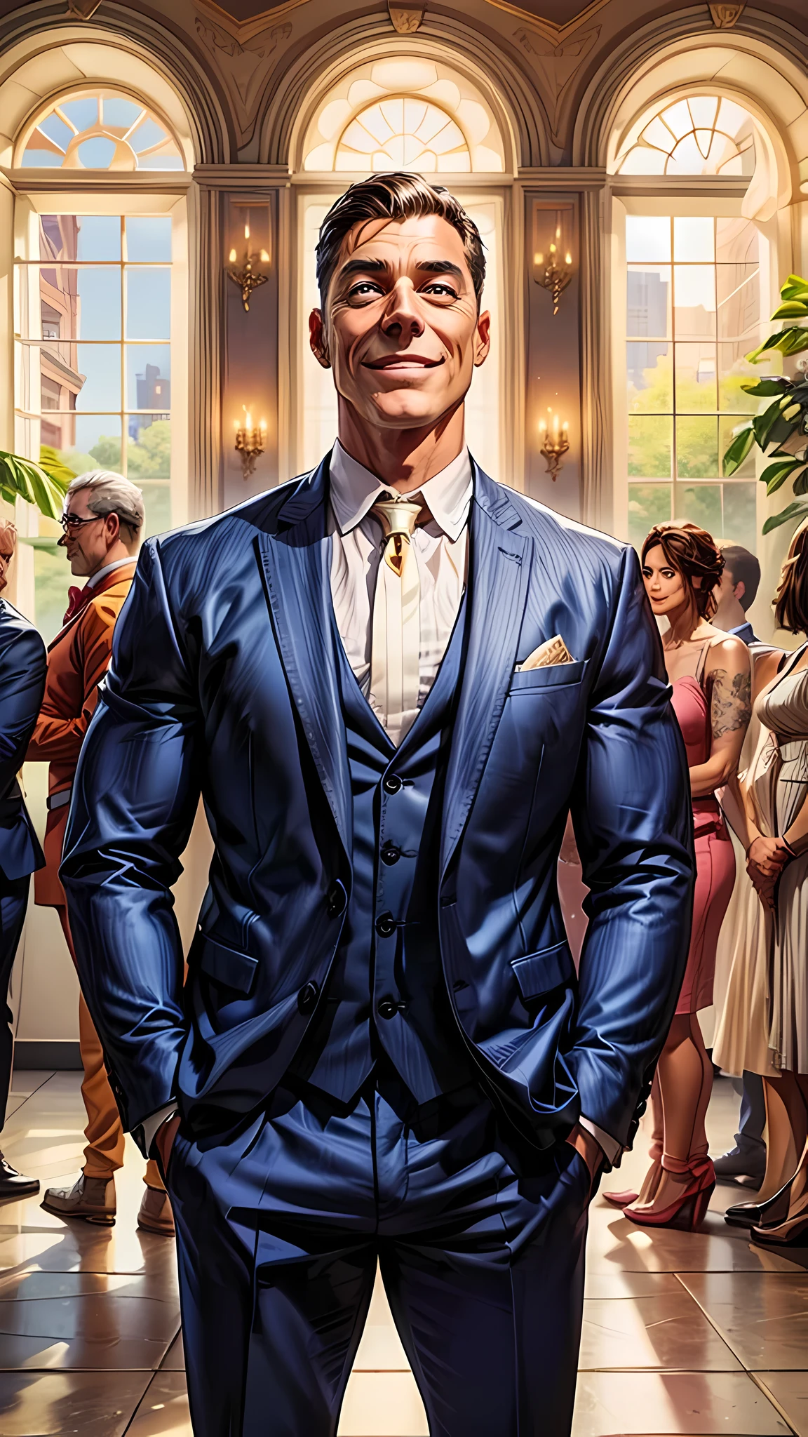 a man muscular in suit of approximately 40 years old, smiling with hands in pockets