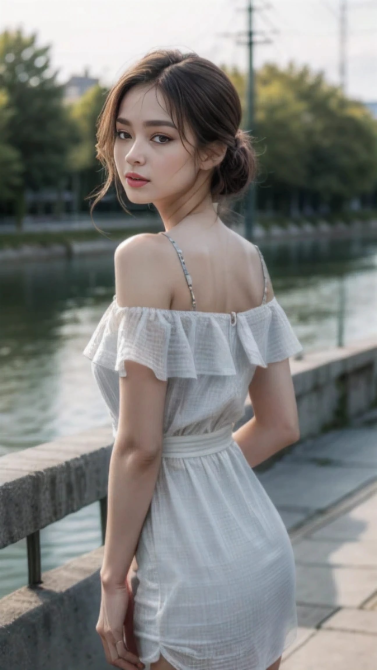 ((最high quality, 8 thousand, masterpiece:1.4)), (20 year old woman), small_face, woman, cas_chest, (beautiful italian), light smile face, cinematic lighting, wide shot, UHD, masterpiece, Accurate, anatomically correct, Super detailed, rough skin, advanced details, high quality, 最high quality, High resolution, 8K, (nice architecture background), (A walking path with beautiful river views), She is wearing a very cute open shoulder blouse dress.,