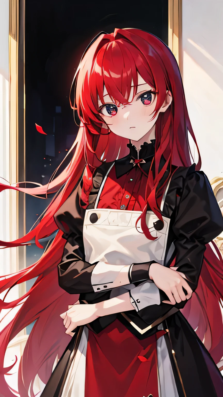 8K、highest quality、masterpiece、Red hair、long hair、black eye、butler、girl、only one person、