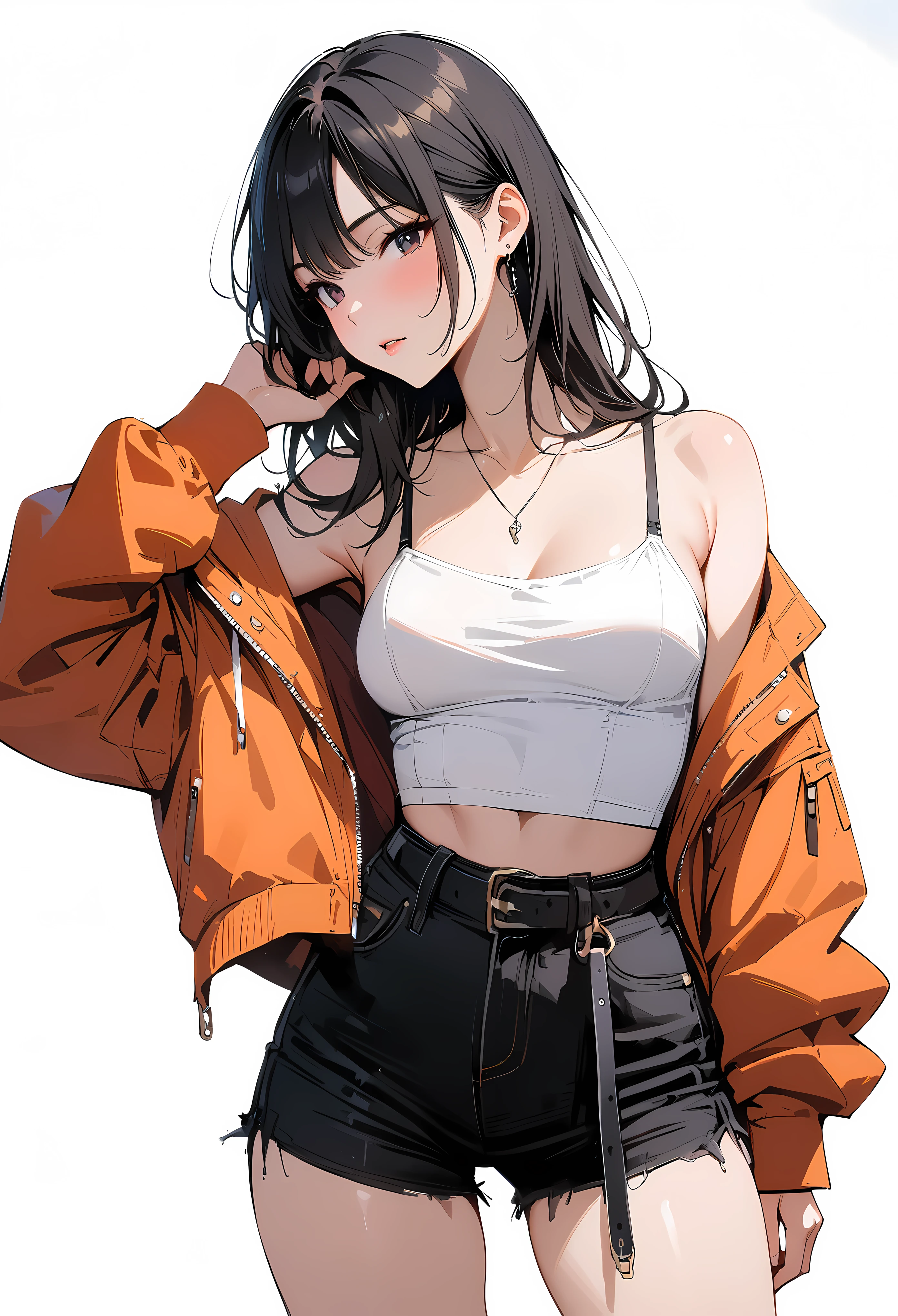 (masterpiece, best quality:1.2), 1 girl, alone , sexy , orange  jaket , cutoff-jeans , (cowboy shot) , black hair ,  white top