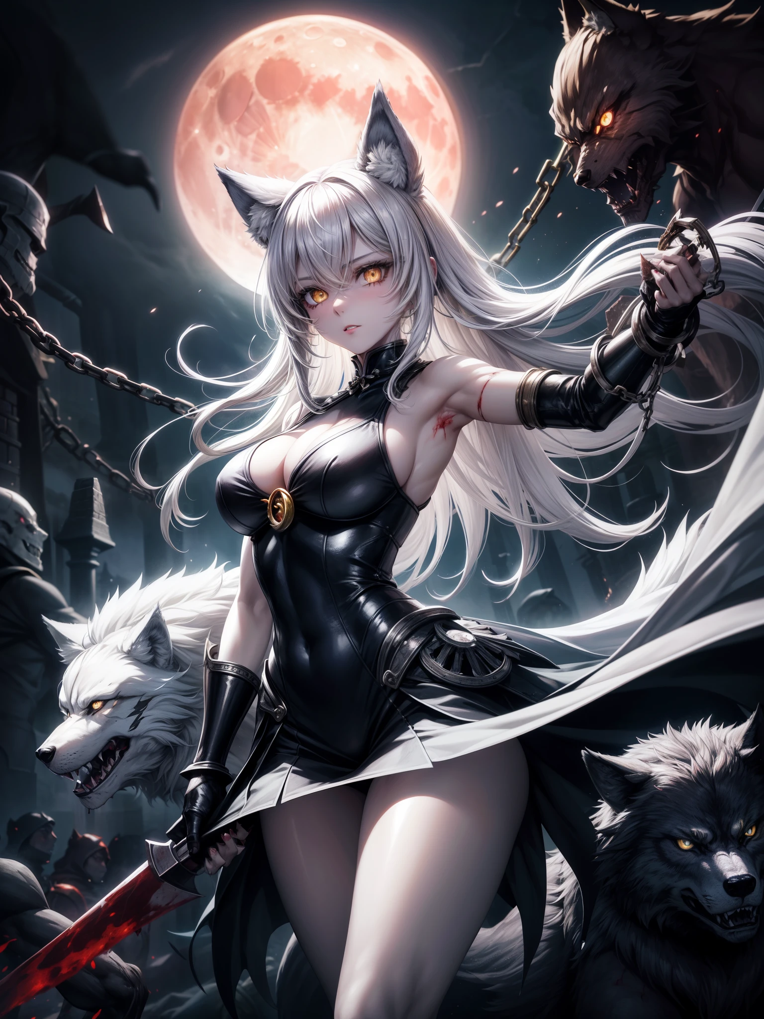 anime girl , (Werewolf's giant claw, wolf green light eye: 1.2), (wolves surround her: 1.6), full of murderous energy, combat state, (blood moon: 1.4), cold, flame, cobwebs, candles, (torture device: 1.1), (floating colorful sparks: 1.2), (energy beam: 1.3), cyberpunk neon, volcano, (lava: 1.1), doomsday atmosphere, soaring flames, candlelight, desperate and helpless prisoners, prisons, prisons, East Asian architecture, ancient China, skeletons, horror, creepy, bloody, huge war battle scene, epic clash, two armies, battle scene, epic battle, war))), break, (PureErosFace_V1:0.5), (ULZZANG-6500:0.5), FILMG, MIDWIND, (KBXLL:0.6), BREAK, 1GIRL, SOLO, LOOKING AT THE AUDIENCE, FLAT BANGS, (YOUNG CUTE BEAUTIFUL 18 YEAR OLD GIRL: 1.1), 3d FACE, BEAUTIFUL GIRL, Pretty, girlface, kpop idol, supermodel, woman posing for photos, stunning innocent symmetrical face, perfect body, medium chest, thin waist, thin legs, (High fine skin: 1.2), glowing eyes, goddess, natural skin texture, shiny skin, white skin, beautiful detailed face, detailed face, real skin texture, cute and delicate face, delicate face, golden ratio, golden ratio face, expression eyes, perfect face, perfect skin, flawless face, clear face, shiny hair, pale skin, proper body proportions, perfect anatomy, realistic skin texture, plump lips, glossy lips, natural makeup, beautiful bright pupils, slender figure, complex eyes, delicate pupils, delicate face and eyes, long eyelashes, blush , good hands, fine skin, oily skin, break, ((ash, battlefield, volumetric fog, gray fog, (Long white hair: 1.4), (Silk Psychedel: 1.1), cobwebs, (chains: 1.1), (moonlit night: 1.6), (Dark ancient dungeon: 1.2), heavily guarded cages, moonlight shining through small windows, (in the center of the picture is a female assassin struggling to break free from her chains: 1.4), (she breaks the thick iron chains with amazing strength: 1.3), (werewolf guarding the prison soldiers coming from all directions, armed with weapons: 1.5), (destroyed 